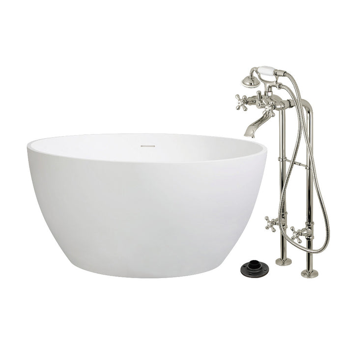 Kingston Brass KRTRO4545266K6 45" Solid Surface Round Double Ended Freestanding Tub with Faucet Combo and Drain, Polished Nickel