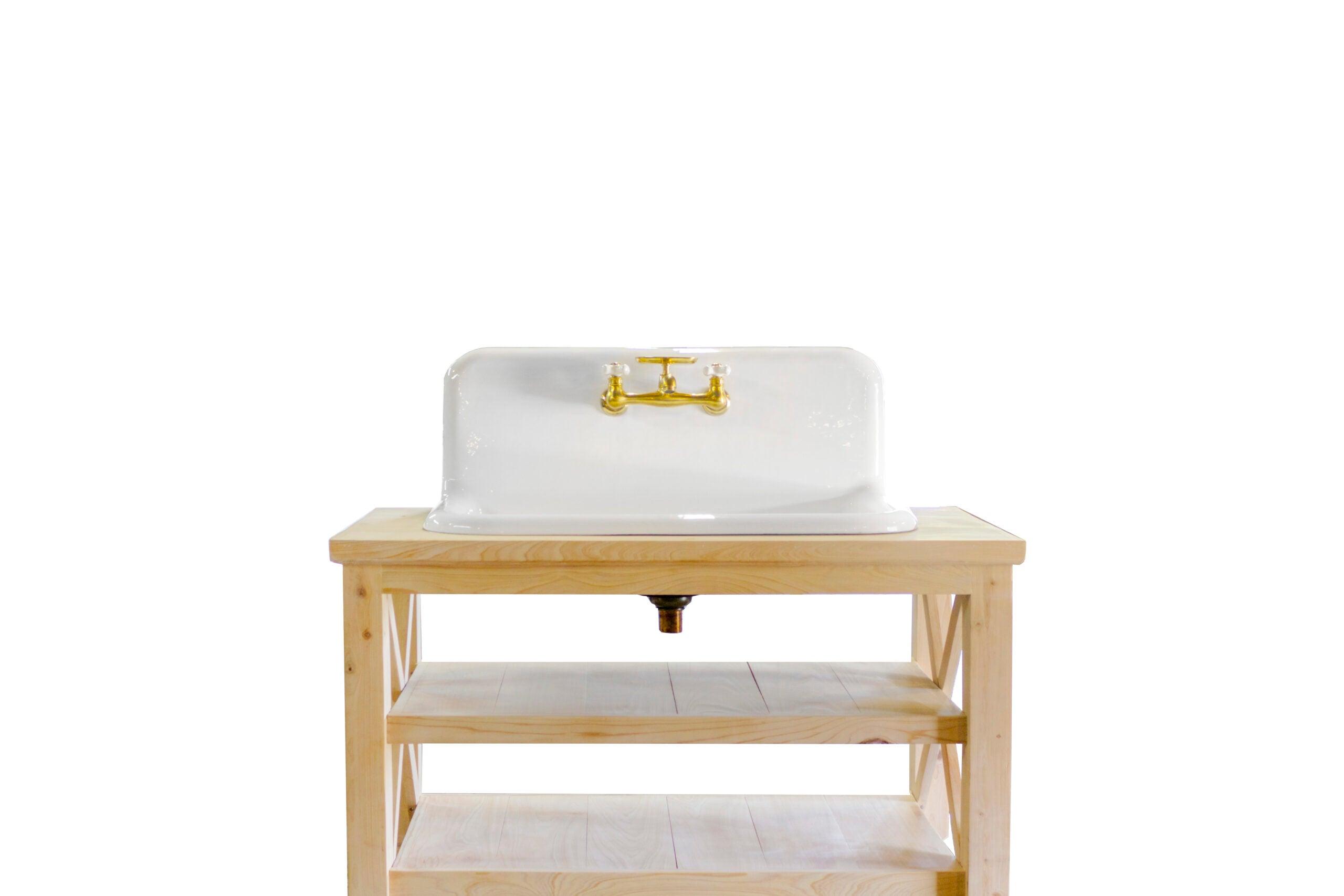 WatermarkFixtures Reclaimed Wood Cypress 48″ French Provincial Caddo Vanity High Back Farm Sink Stand Original Porcelain Cast Iron Farm Sink - Bathroom Design Center