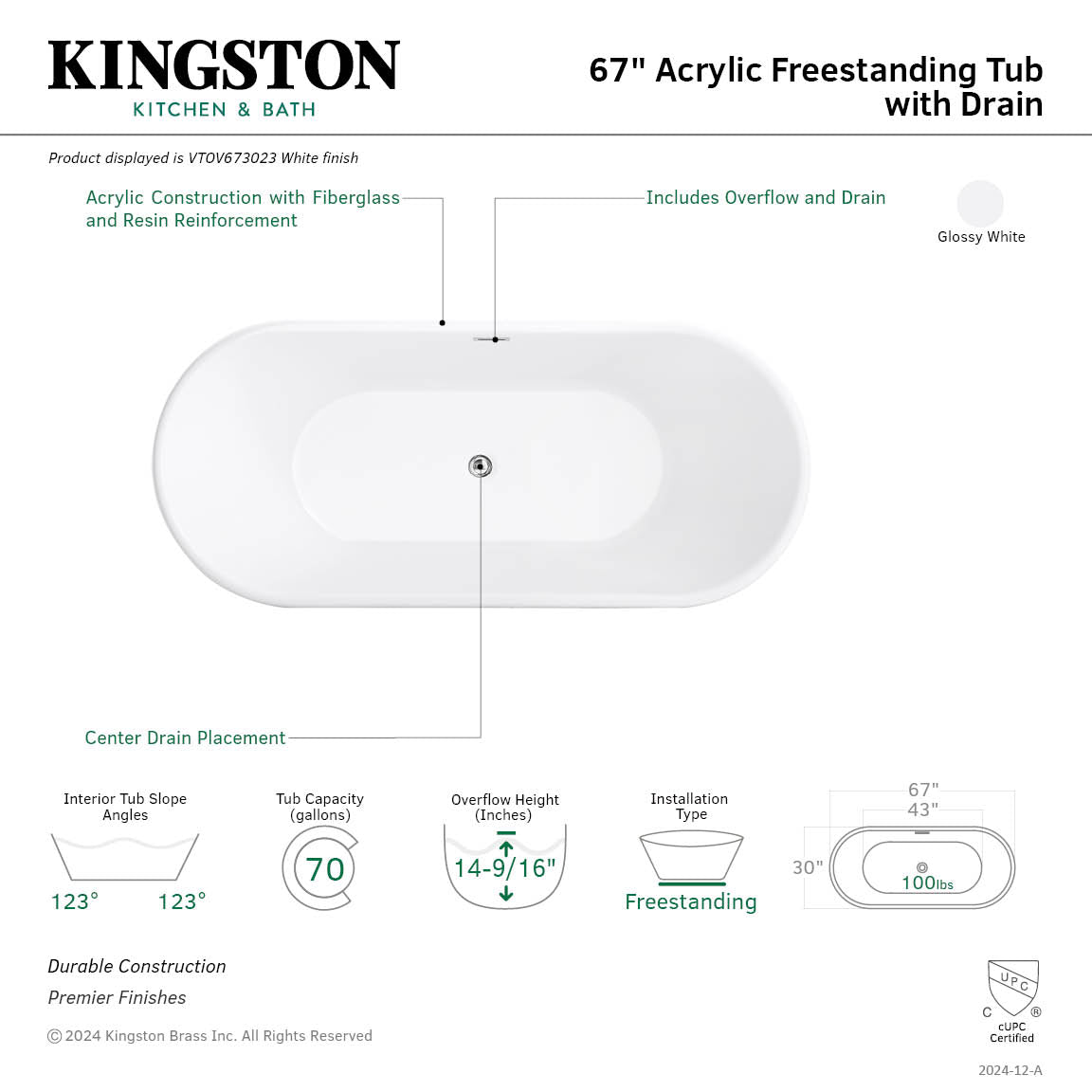 Kingston Brass VTOV673023 67" Acrylic Oval Double Ended Freestanding Tub with Drain, Glossy White