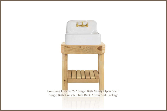 WatermarkFixtures Louisiana Cypress 27″ Single Bath Tensas Vanity Open Shelf Single Bath Console High Back Apron Sink