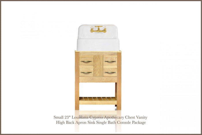 WatermarkFixtures Clairborne 23″ Louisiana Cypress Apothecary Chest Vanity + High Back Apron Sink Single Bath Console