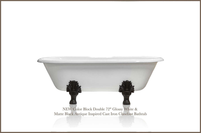 WatermarkFixtures Color Block Double 72″ Glossy White & Matte Black Antique Inspired Cast Iron Concordia Clawfoot Bathtub