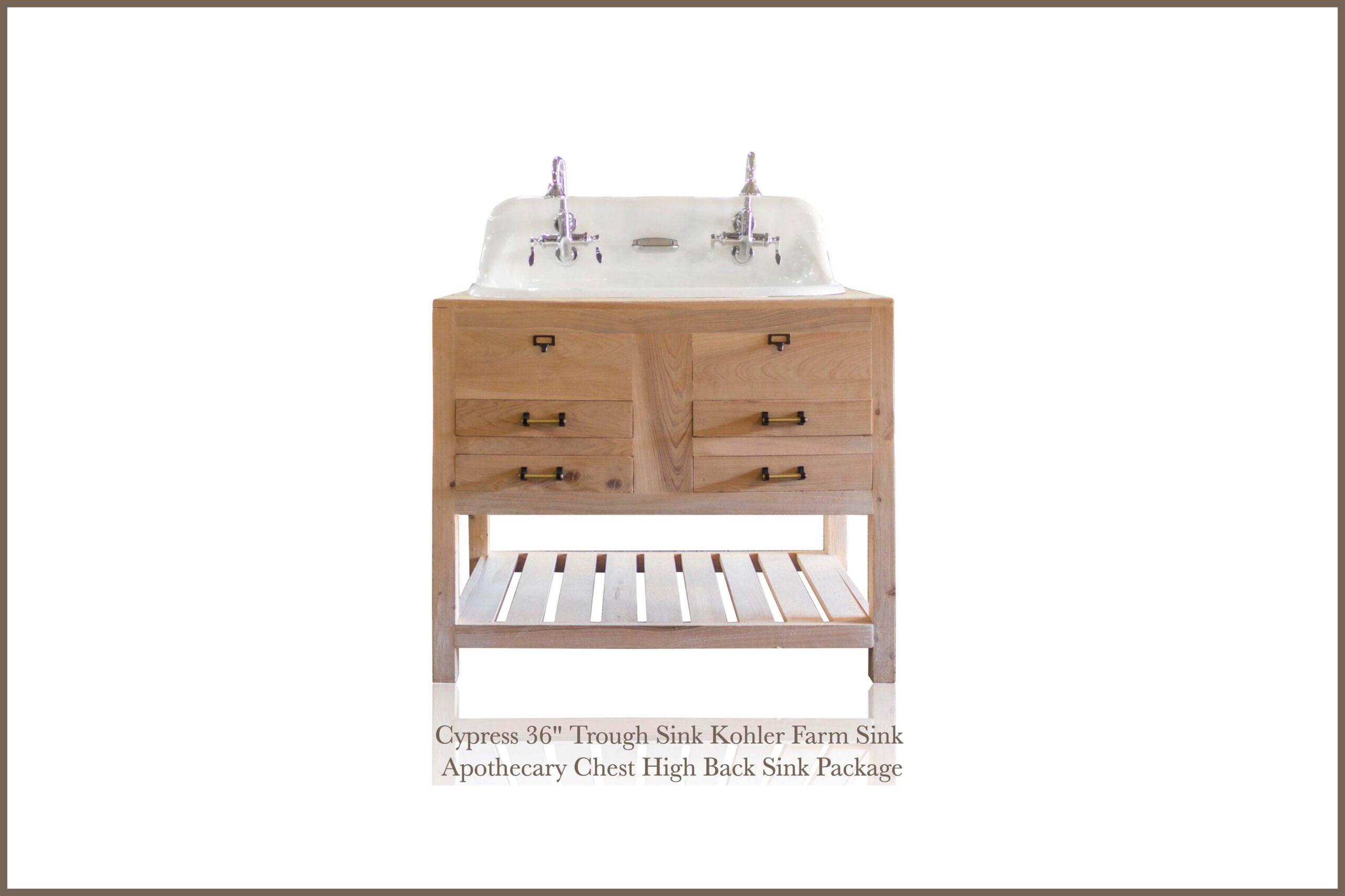 WatermarkFixtures Cypress Beauregard 36″  Trough Sink Kohler Farm Sink Apothecary Chest High Back Sink - Bathroom Design Center