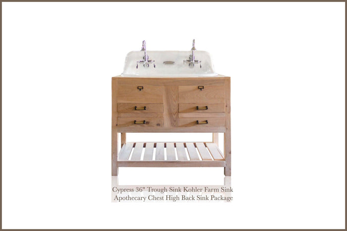 WatermarkFixtures Cypress Beauregard 36″  Trough Sink Kohler Farm Sink Apothecary Chest High Back Sink