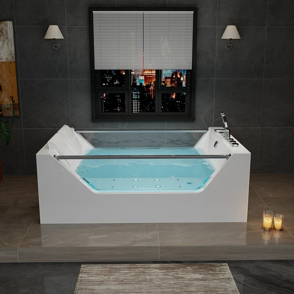 Empava 71PRO01 71" Freestanding Combo Massage Whirlpool Inline Heater 2-Person Bathtub with Dual Glass Design
