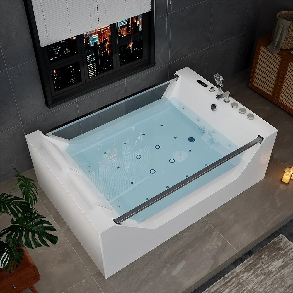 Empava 71PRO01 71" Freestanding Combo Massage Whirlpool Inline Heater 2-Person Bathtub with Dual Glass Design