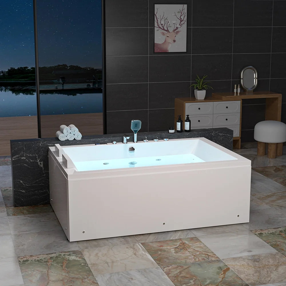 Empava 71PRO04 71" Alcove Dual Massage Whirlpool Inline Heater 2-Person Bathtub with Center Drain