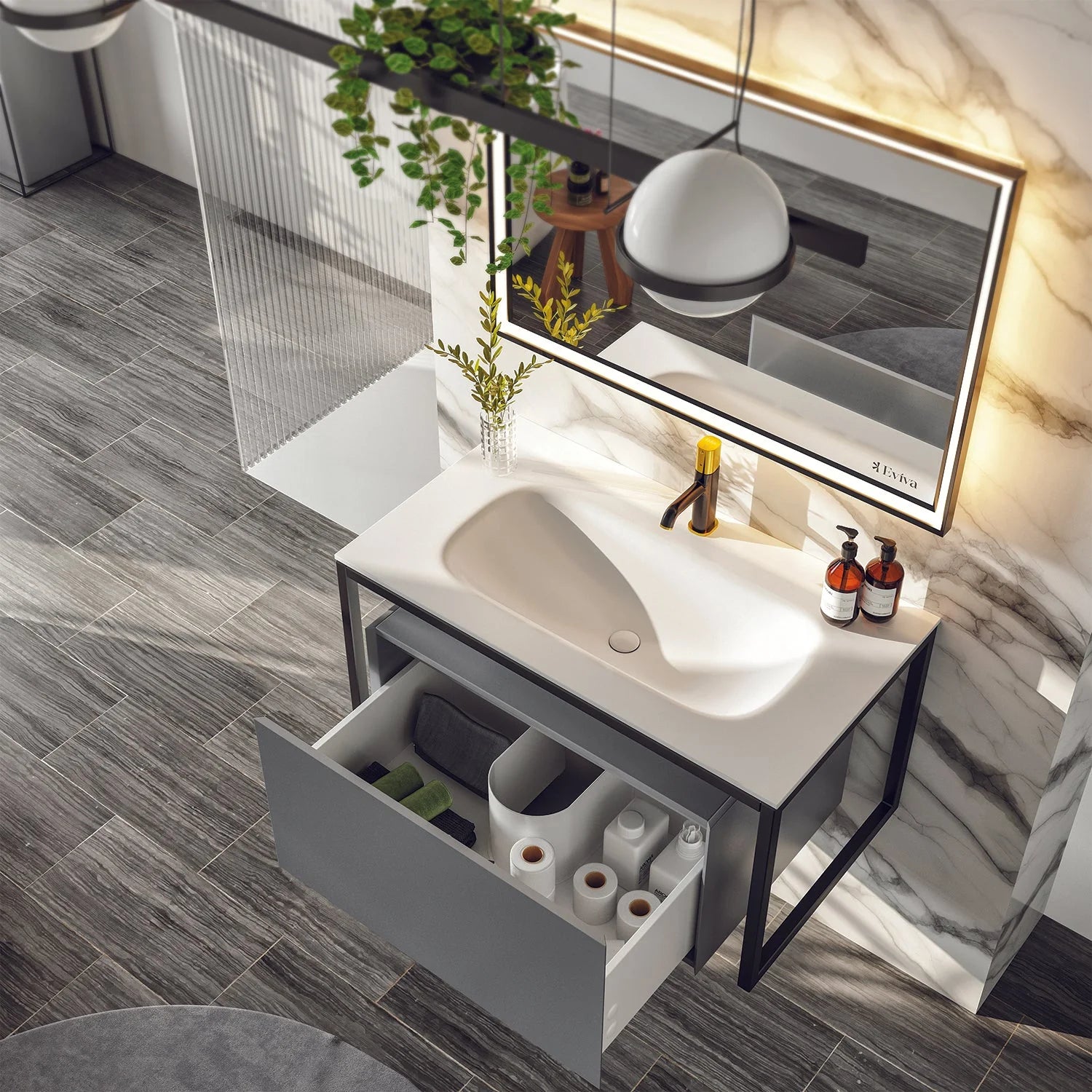 Eviva Modena 32 in. Wall Mounted Bathroom Vanity with White Integrated Solid Surface Countertop - Bathroom Design Center