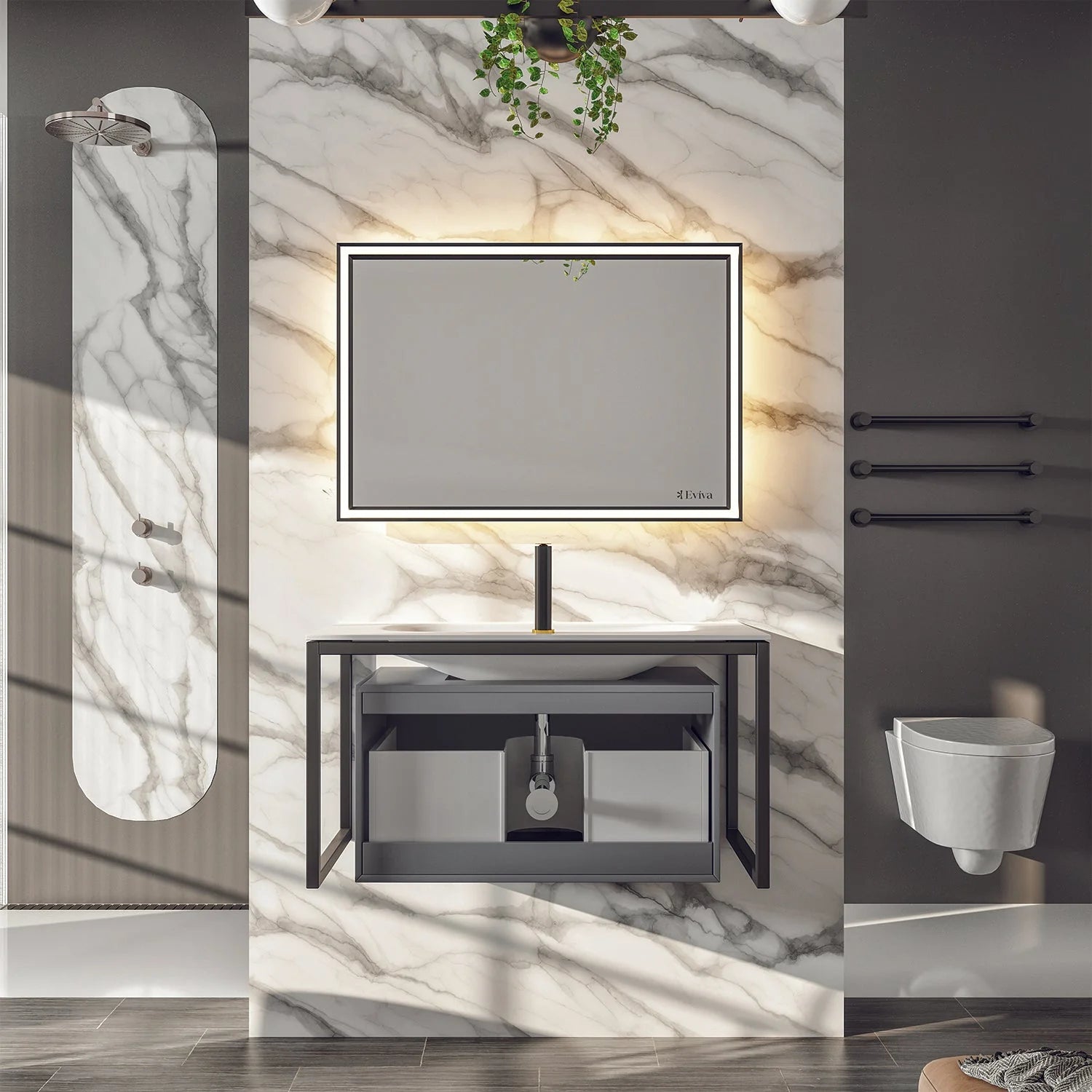 Eviva Modena 32 in. Wall Mounted Bathroom Vanity with White Integrated Solid Surface Countertop - Bathroom Design Center