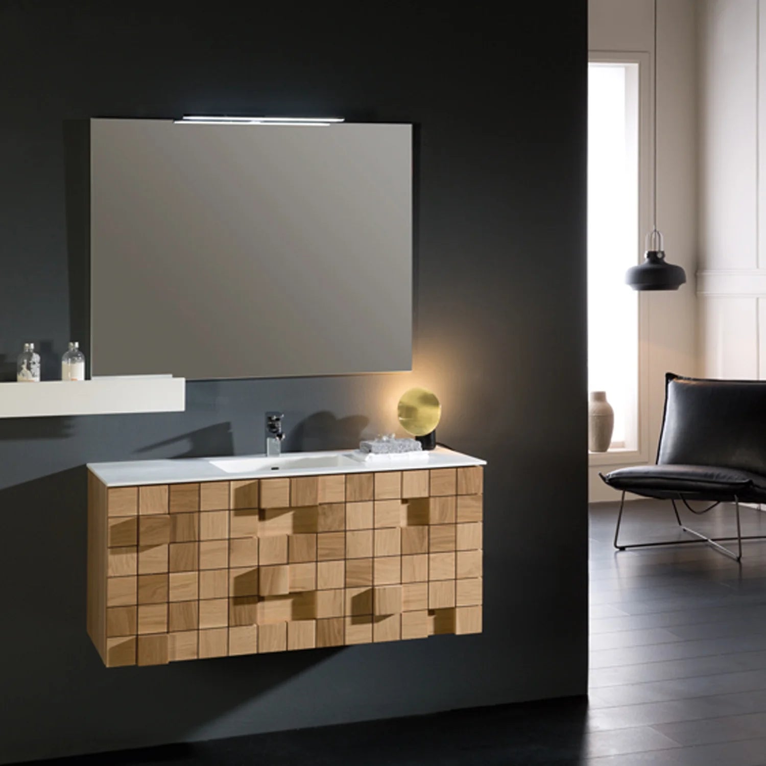 Eviva Mosaic Wall Mounted Oak Bathroom Vanity with White Integrated Solid Surface Countertop - Bathroom Design Center