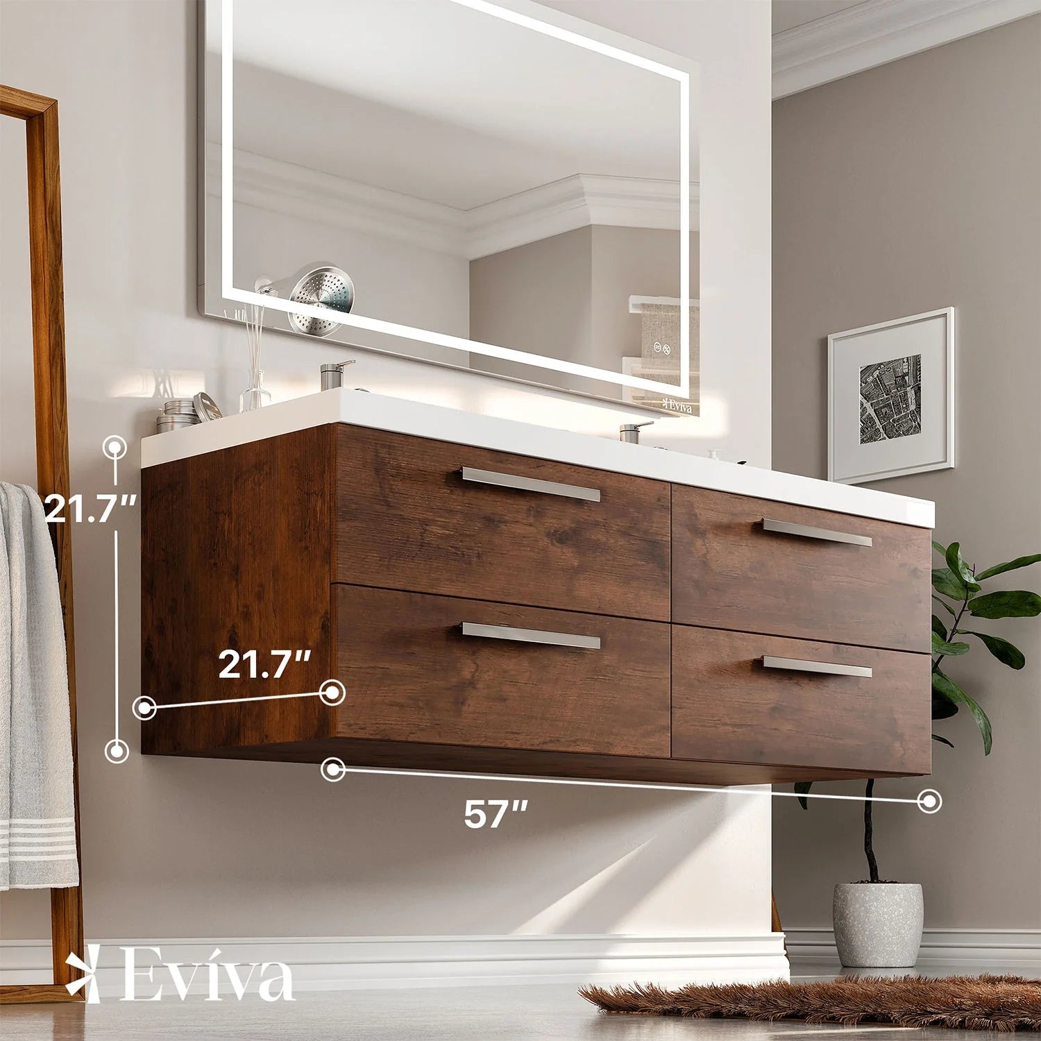 Eviva Surf 57" Modern Bathroom Vanity Set with Integrated White Acrylic Double Sink - Bathroom Design Center