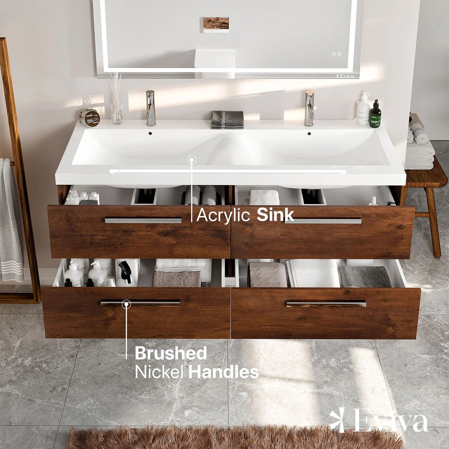 Eviva Surf 57" Modern Bathroom Vanity Set with Integrated White Acrylic Double Sink - Bathroom Design Center