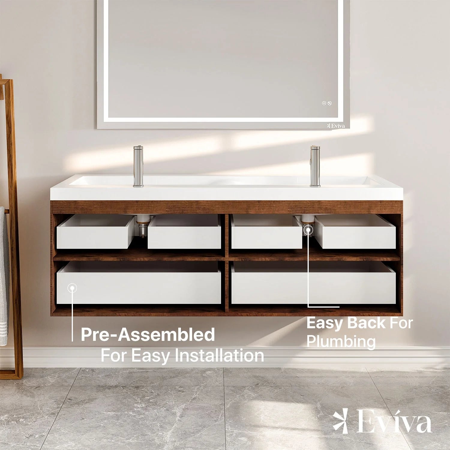 Eviva Surf 57" Modern Bathroom Vanity Set with Integrated White Acrylic Double Sink - Bathroom Design Center