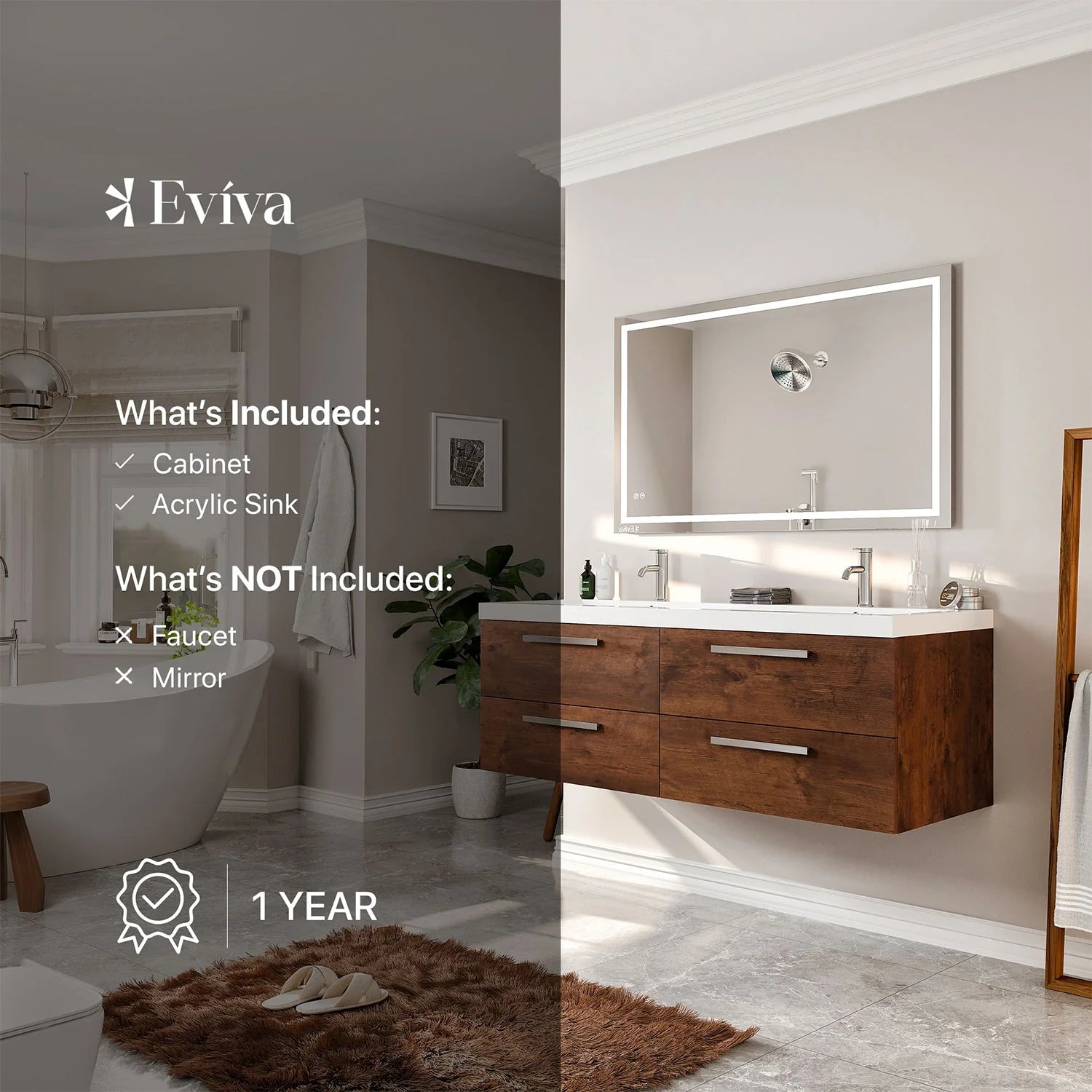 Eviva Surf 57" Modern Bathroom Vanity Set with Integrated White Acrylic Double Sink - Bathroom Design Center