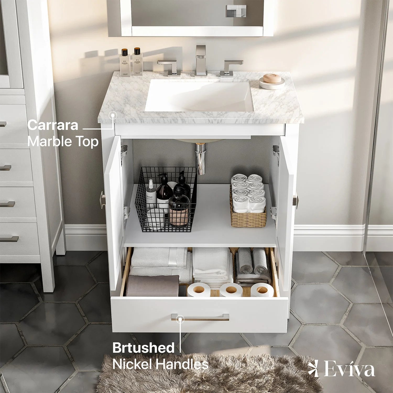 Eviva Aberdeen Transitional Bathroom Vanity w/ White Carrara Top - Bathroom Design Center