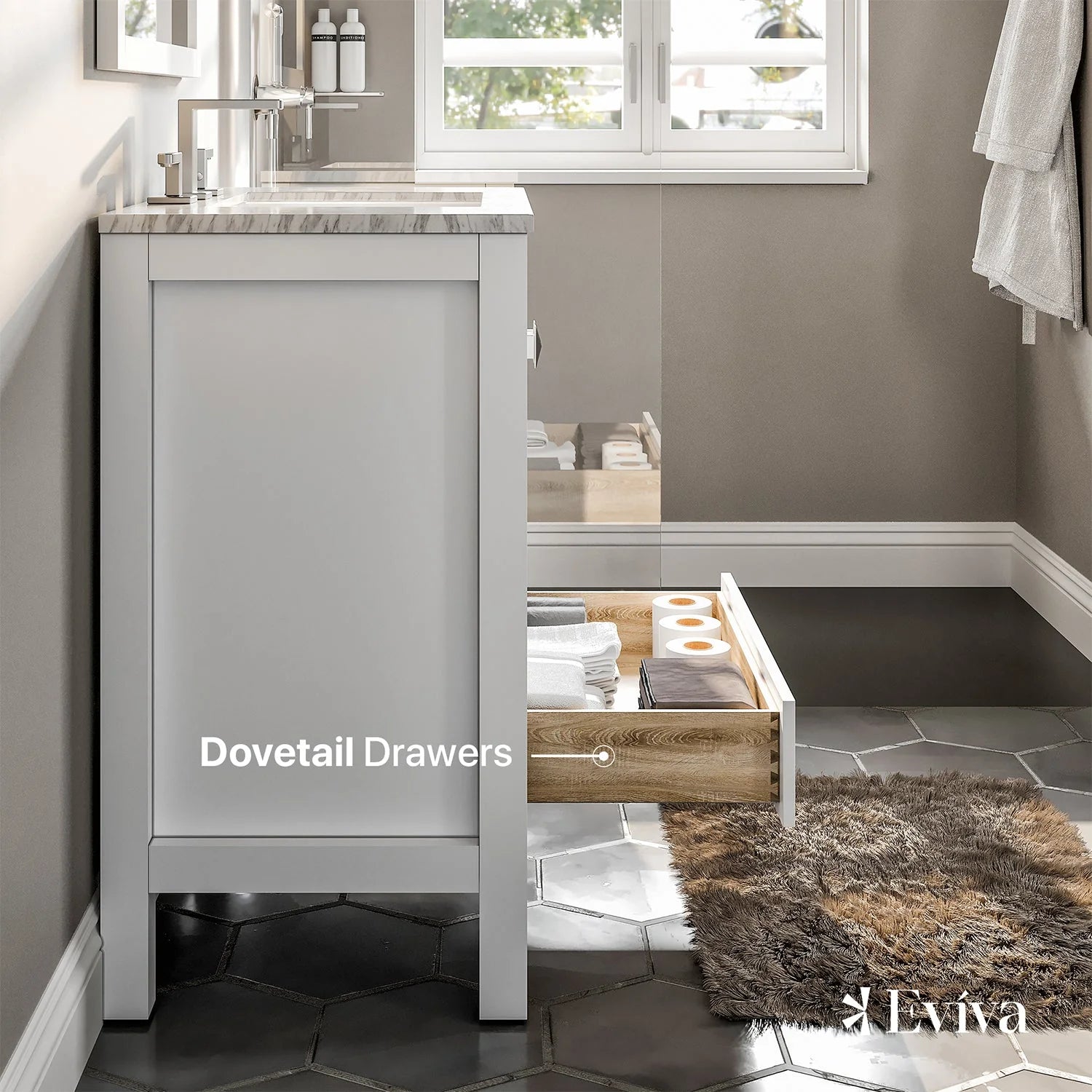 Eviva Aberdeen Transitional Bathroom Vanity w/ White Carrara Top - Bathroom Design Center
