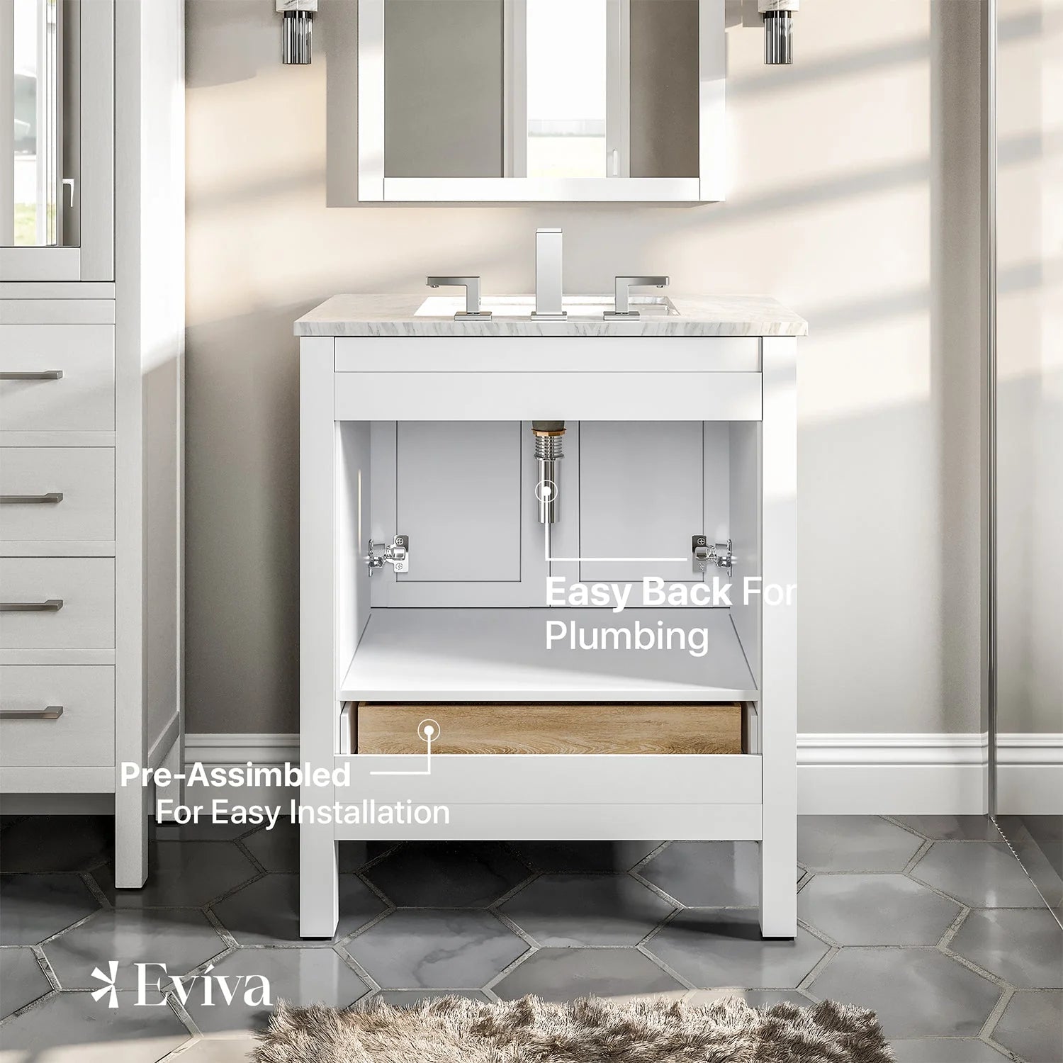 Eviva Aberdeen Transitional Bathroom Vanity w/ White Carrara Top - Bathroom Design Center