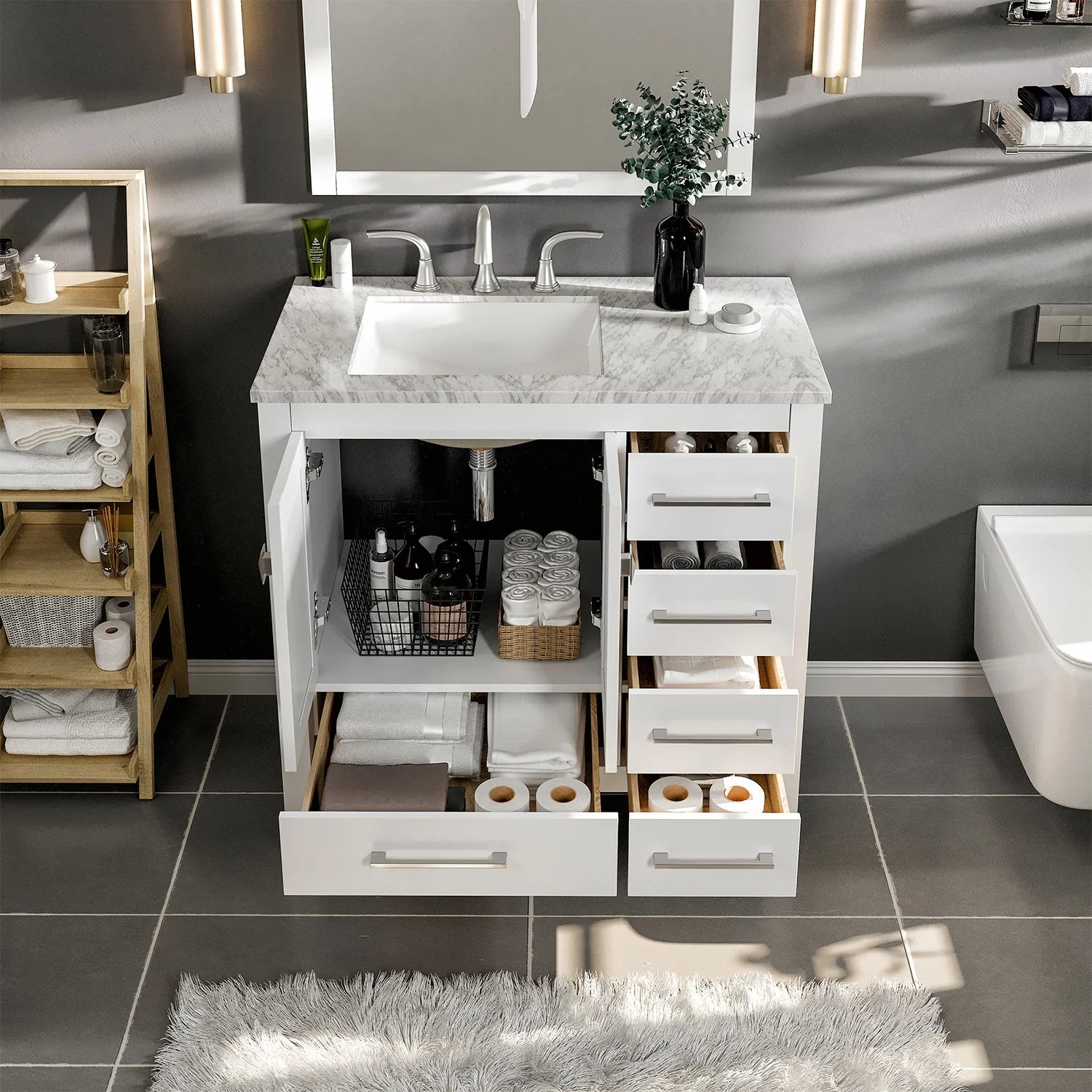 Eviva Aberdeen Transitional Bathroom Vanity w/ White Carrara Top - Bathroom Design Center
