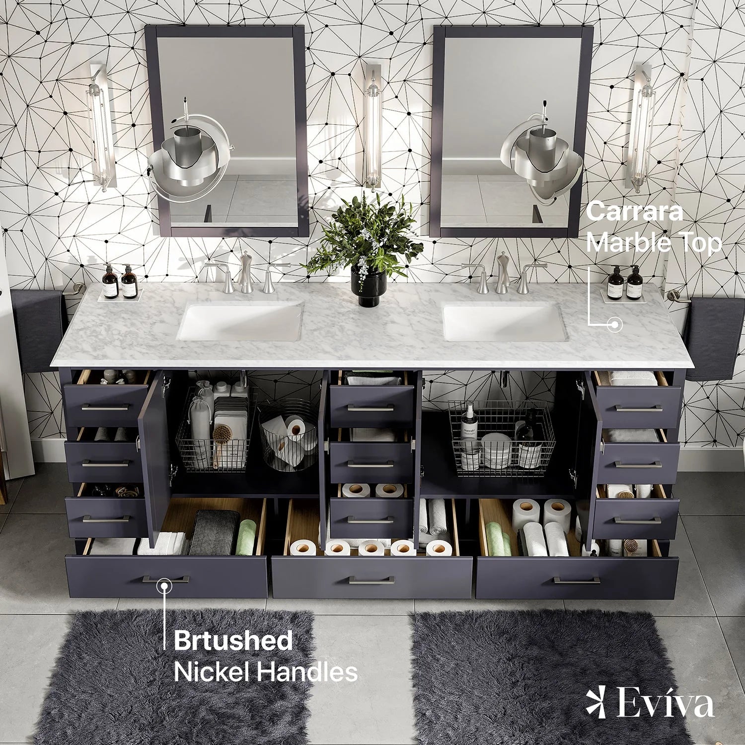 Eviva Storehouse 84" Bathroom Vanity w/ White Carrara Top - Bathroom Design Center