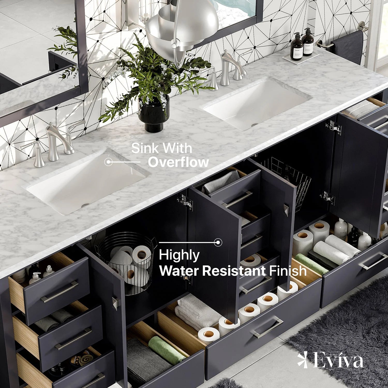 Eviva Storehouse 84" Bathroom Vanity w/ White Carrara Top - Bathroom Design Center