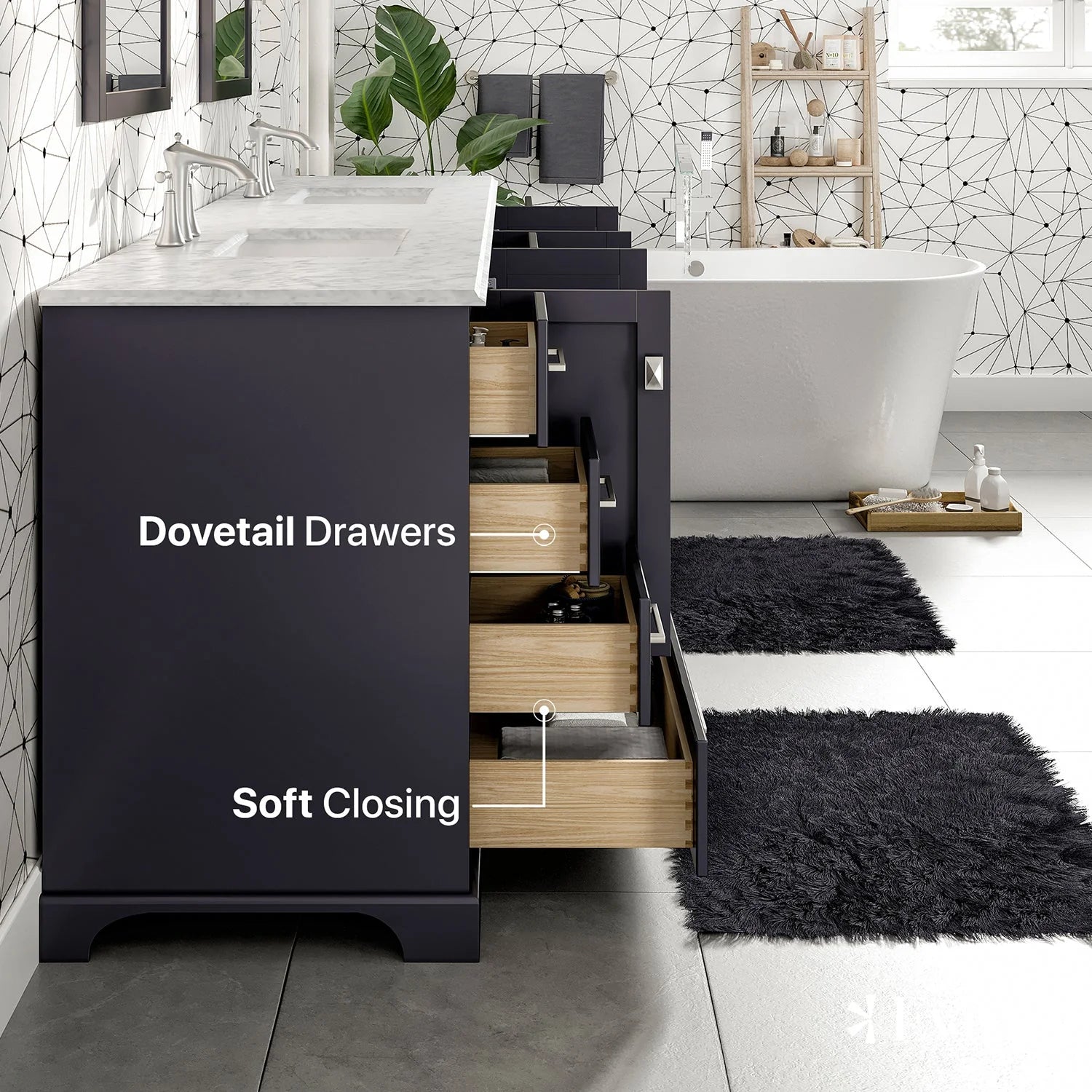 Eviva Storehouse 84" Bathroom Vanity w/ White Carrara Top - Bathroom Design Center