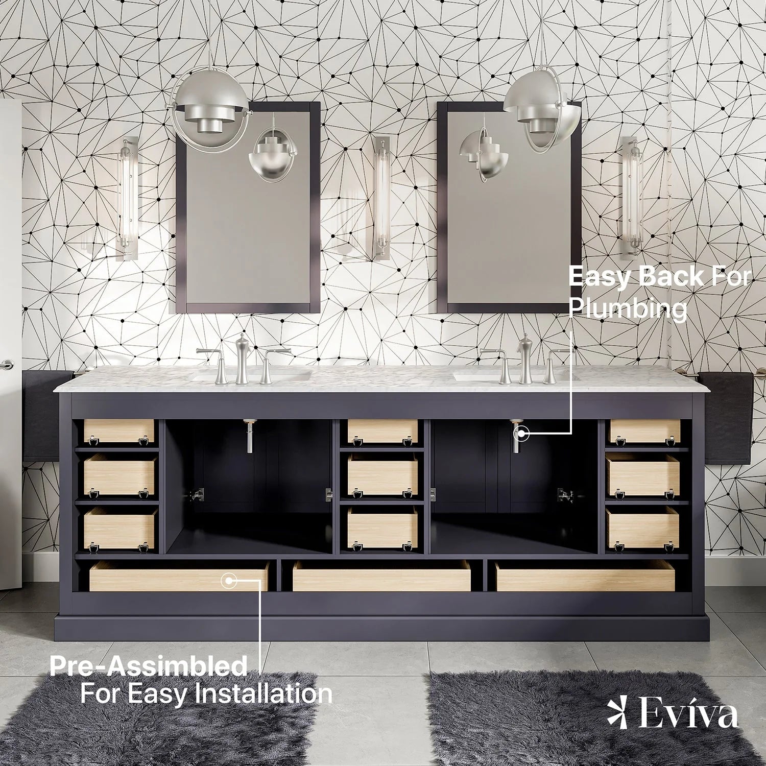 Eviva Storehouse 84" Bathroom Vanity w/ White Carrara Top - Bathroom Design Center