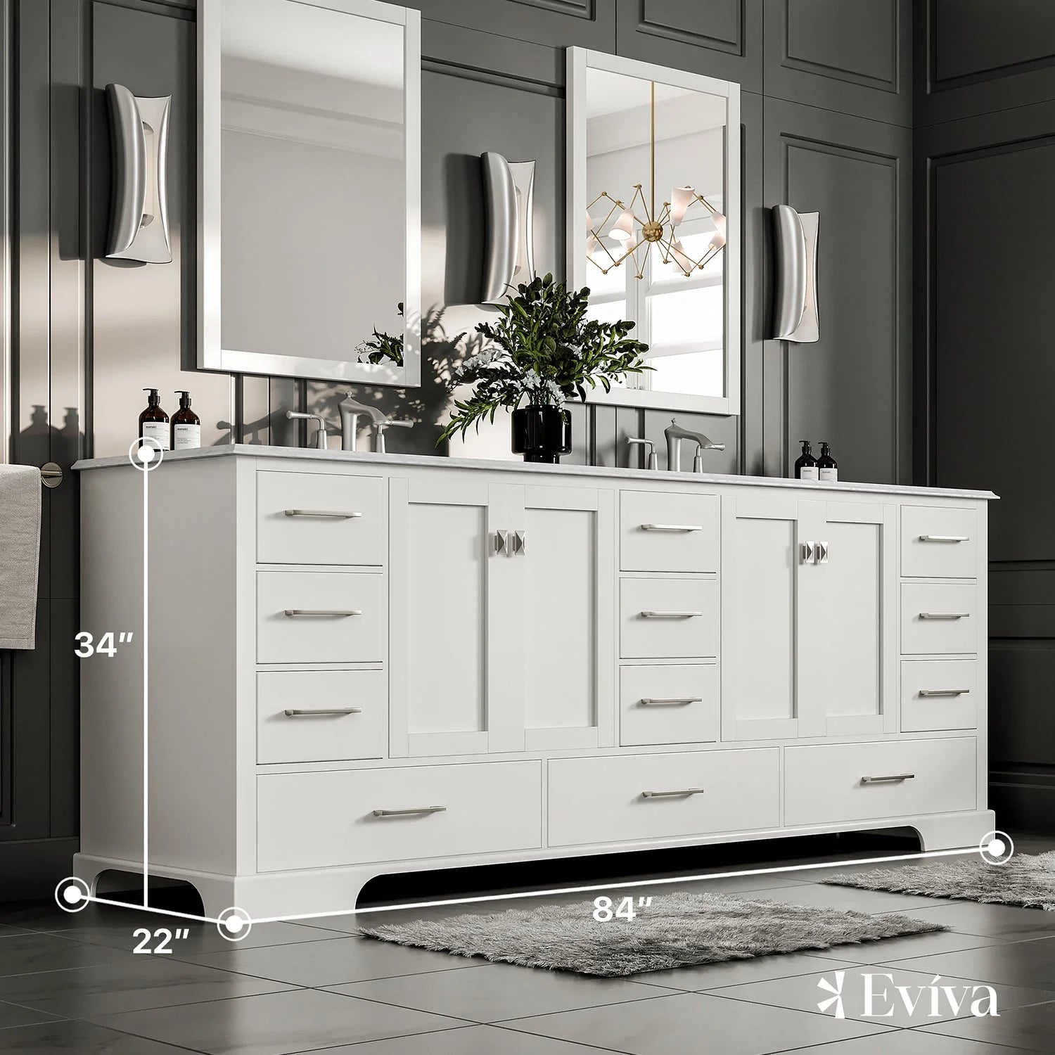 Eviva Storehouse 84" Bathroom Vanity w/ White Carrara Top - Bathroom Design Center