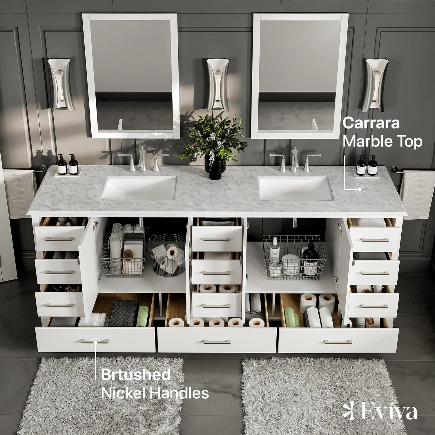 Eviva Storehouse 84" Bathroom Vanity w/ White Carrara Top - Bathroom Design Center