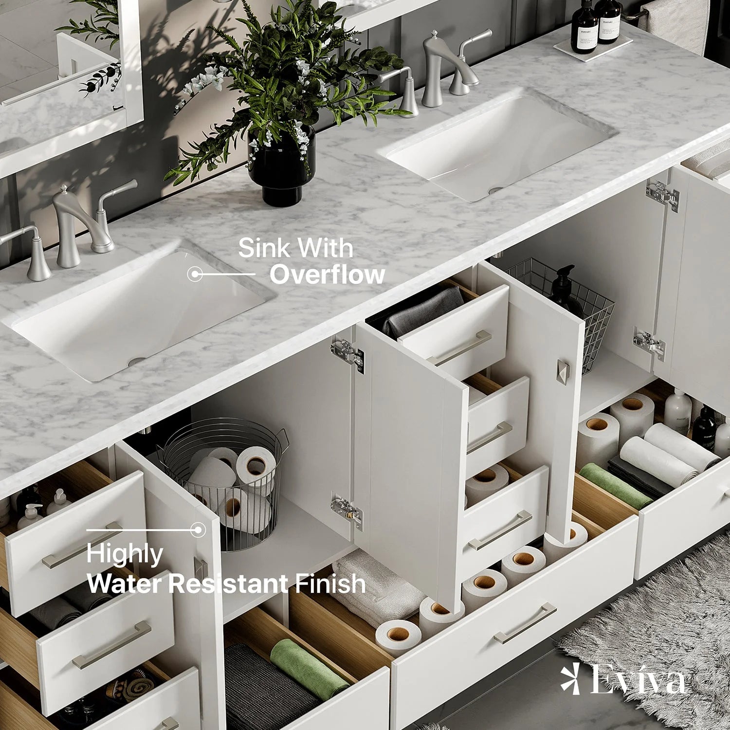 Eviva Storehouse 84" Bathroom Vanity w/ White Carrara Top - Bathroom Design Center
