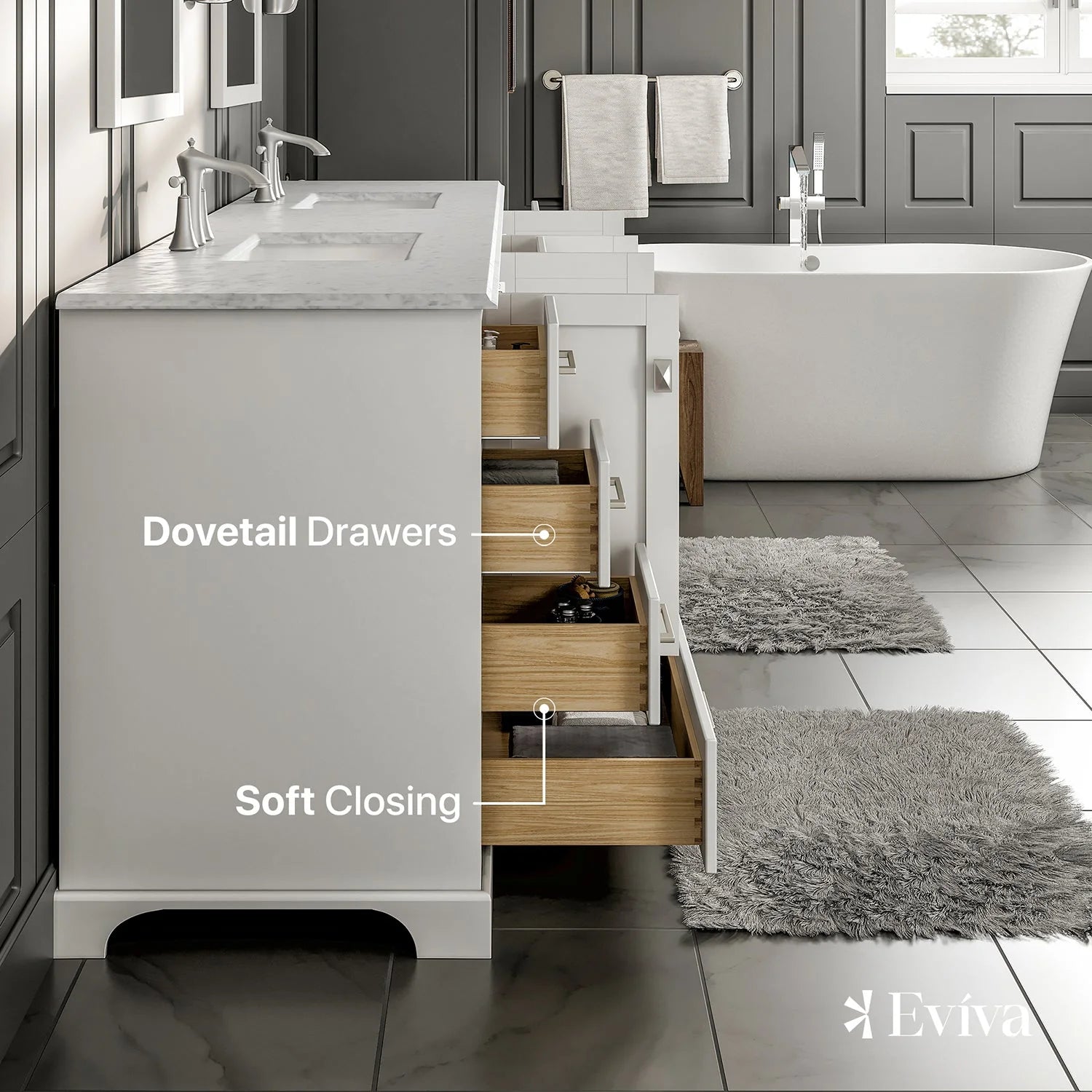 Eviva Storehouse 84" Bathroom Vanity w/ White Carrara Top - Bathroom Design Center