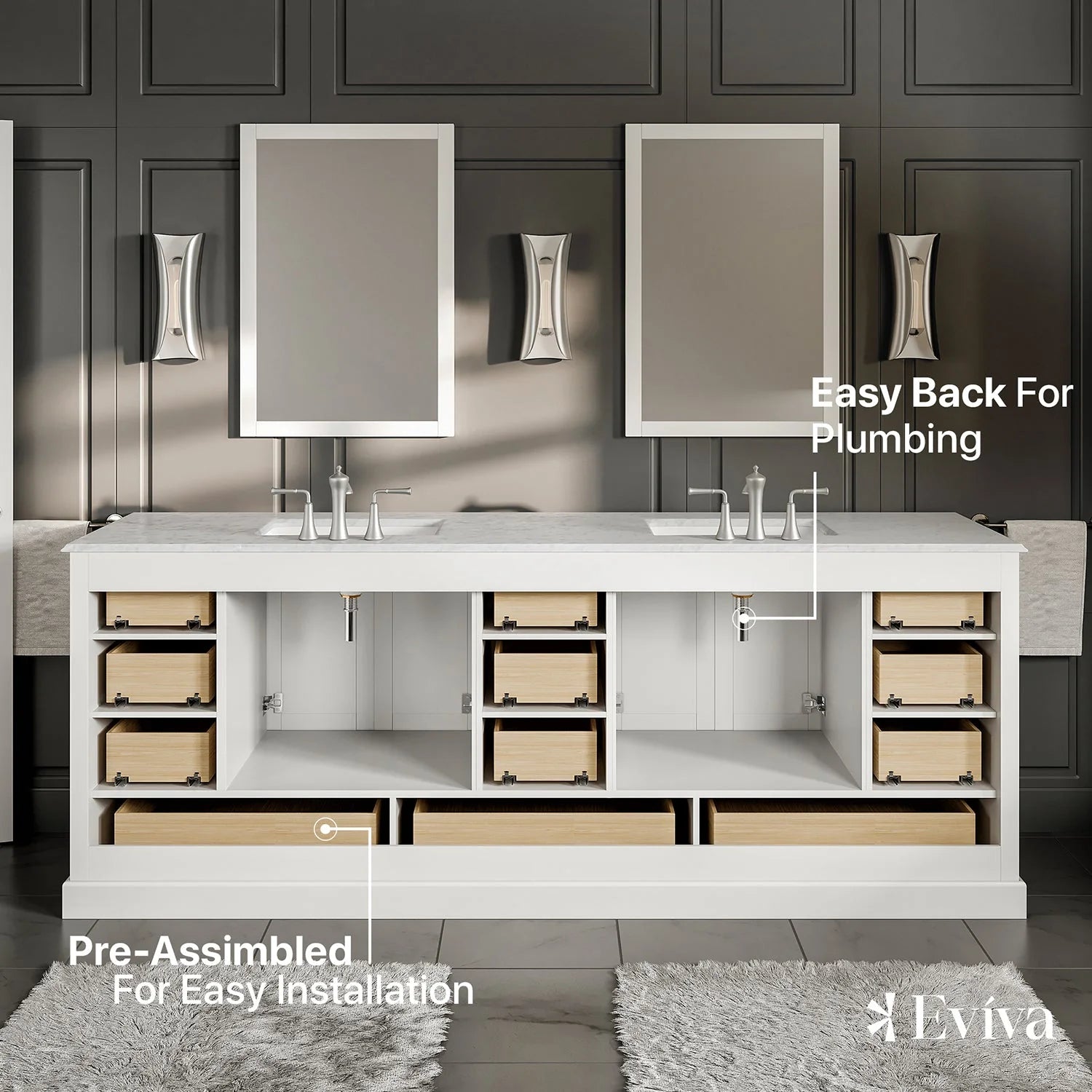 Eviva Storehouse 84" Bathroom Vanity w/ White Carrara Top - Bathroom Design Center