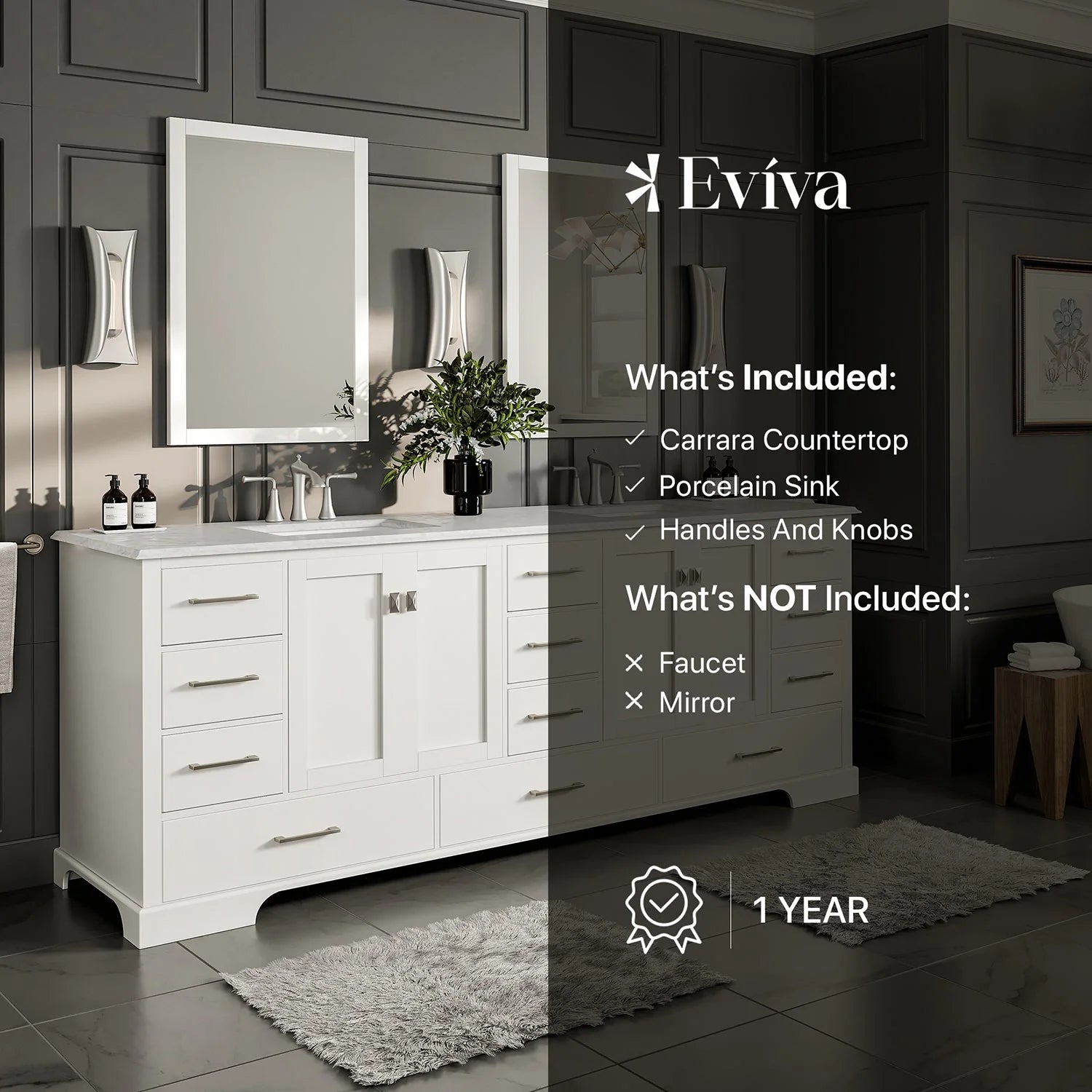 Eviva Storehouse 84" Bathroom Vanity w/ White Carrara Top - Bathroom Design Center