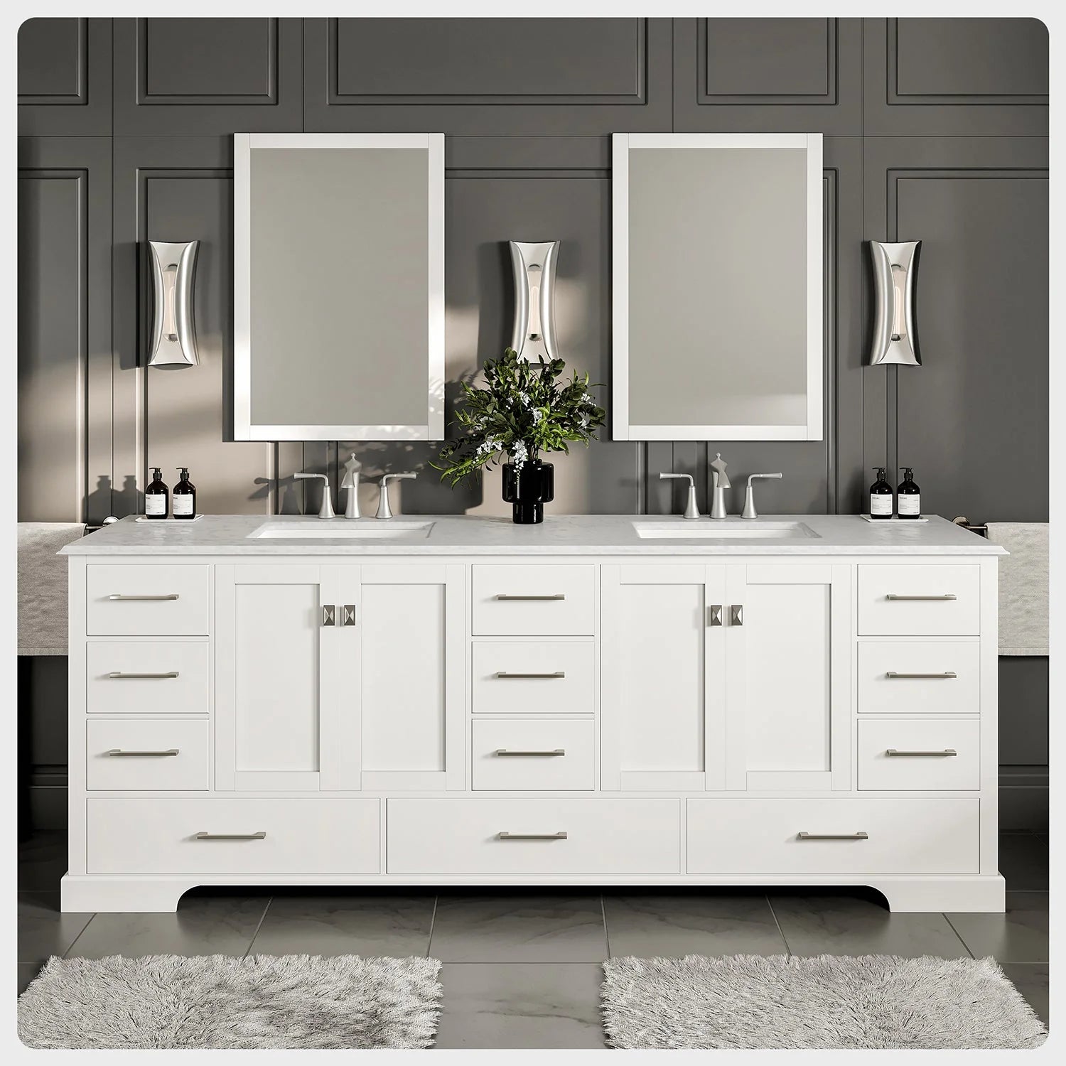 Eviva Storehouse 84" Bathroom Vanity w/ White Carrara Top - Bathroom Design Center