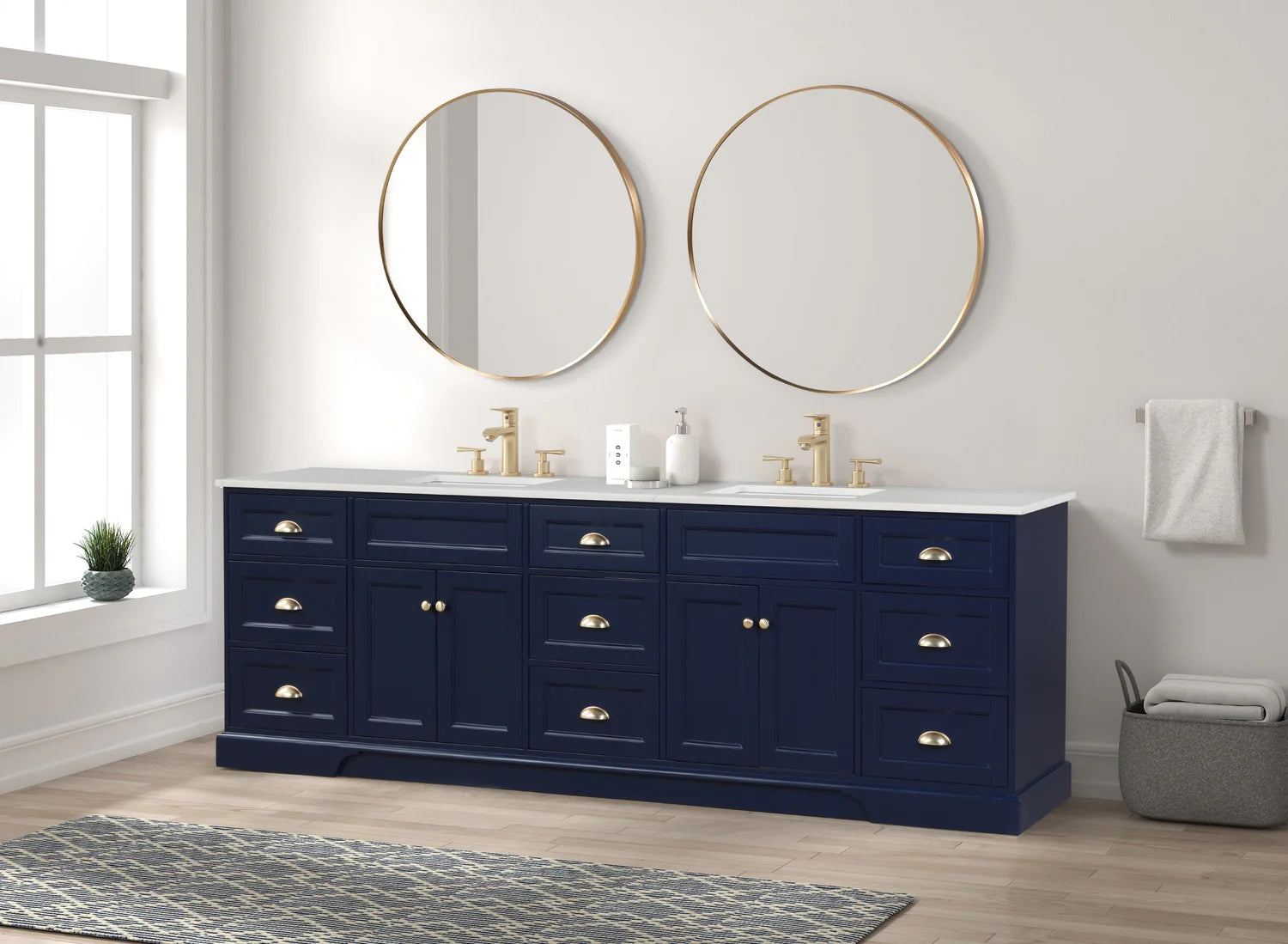 Eviva Epic Double Vanity with White Quartz Top and Gold Hardware - 84" and 96" - Bathroom Design Center