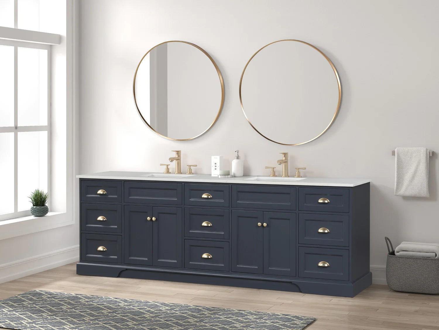 Eviva Epic Double Vanity with White Quartz Top and Gold Hardware - 84" and 96" - Bathroom Design Center