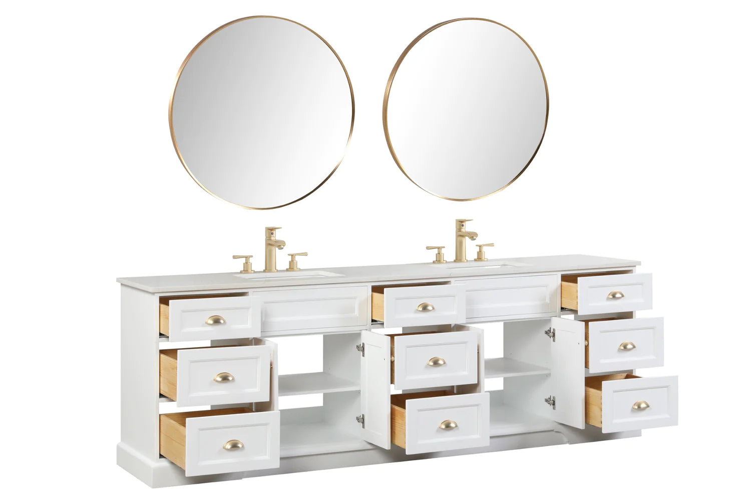 Eviva Epic Double Vanity with White Quartz Top and Gold Hardware - 84" and 96" - Bathroom Design Center