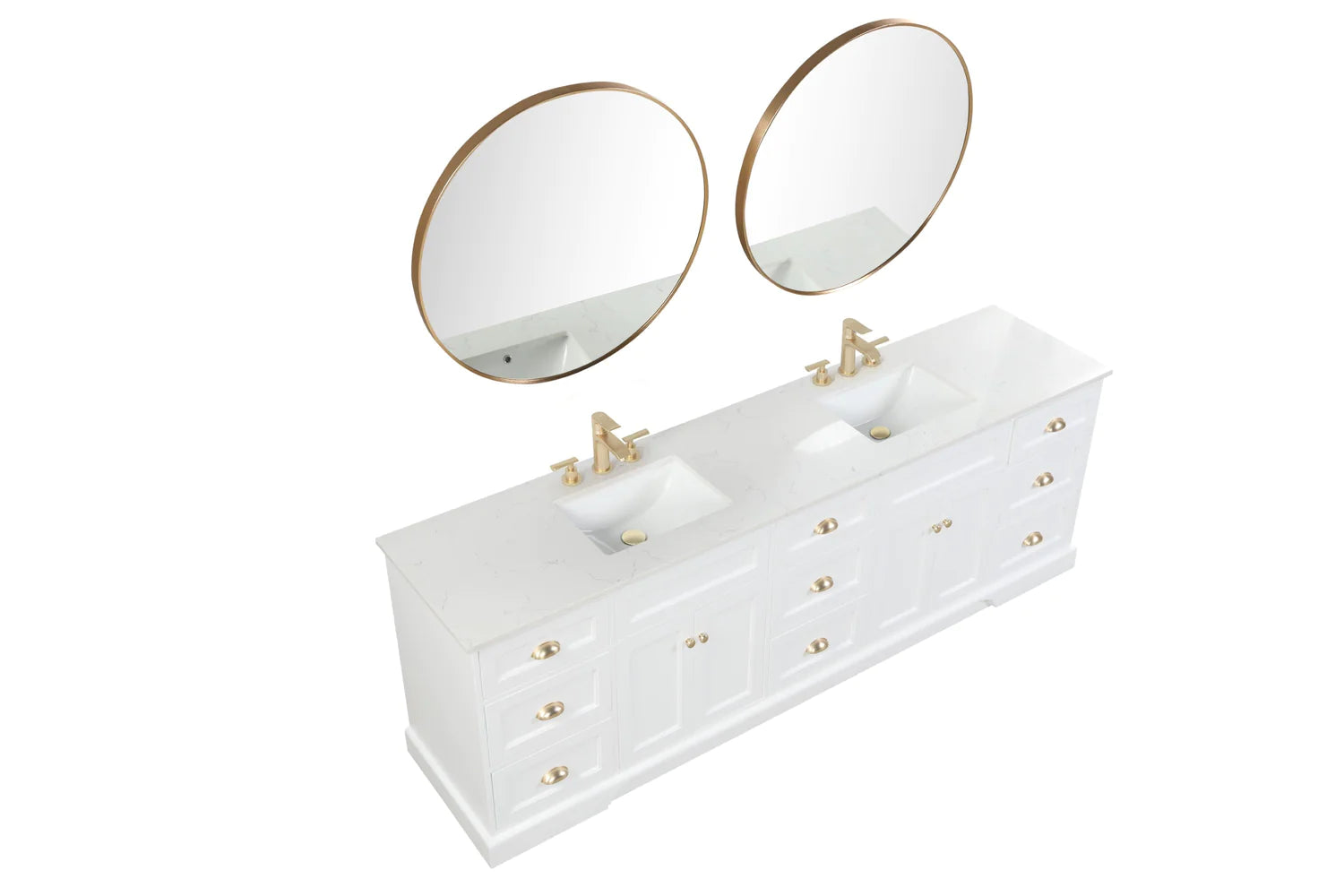 Eviva Epic Double Vanity with White Quartz Top and Gold Hardware - 84" and 96" - Bathroom Design Center