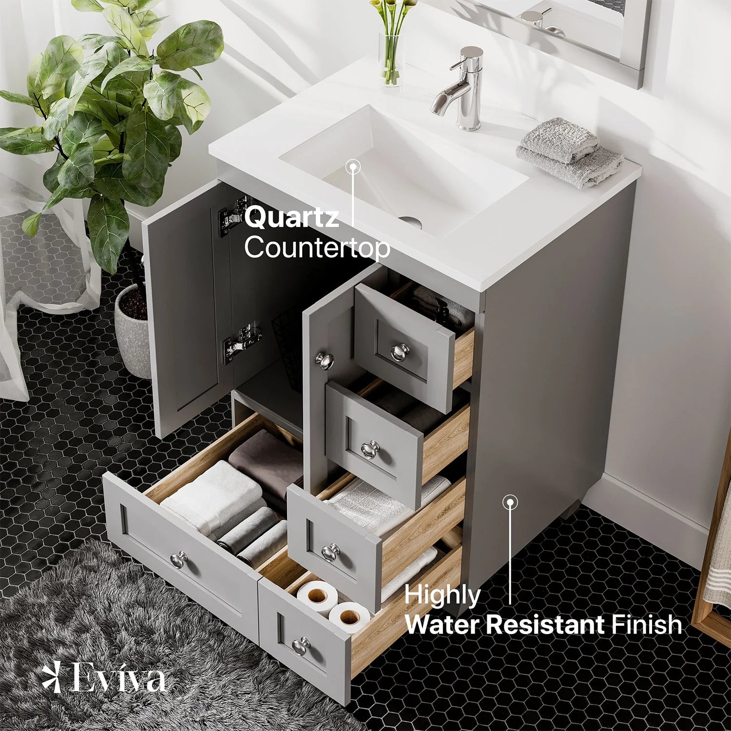 Eviva Acclaim Transitional Bathroom Vanity w/ White Quartz Top - Bathroom Design Center