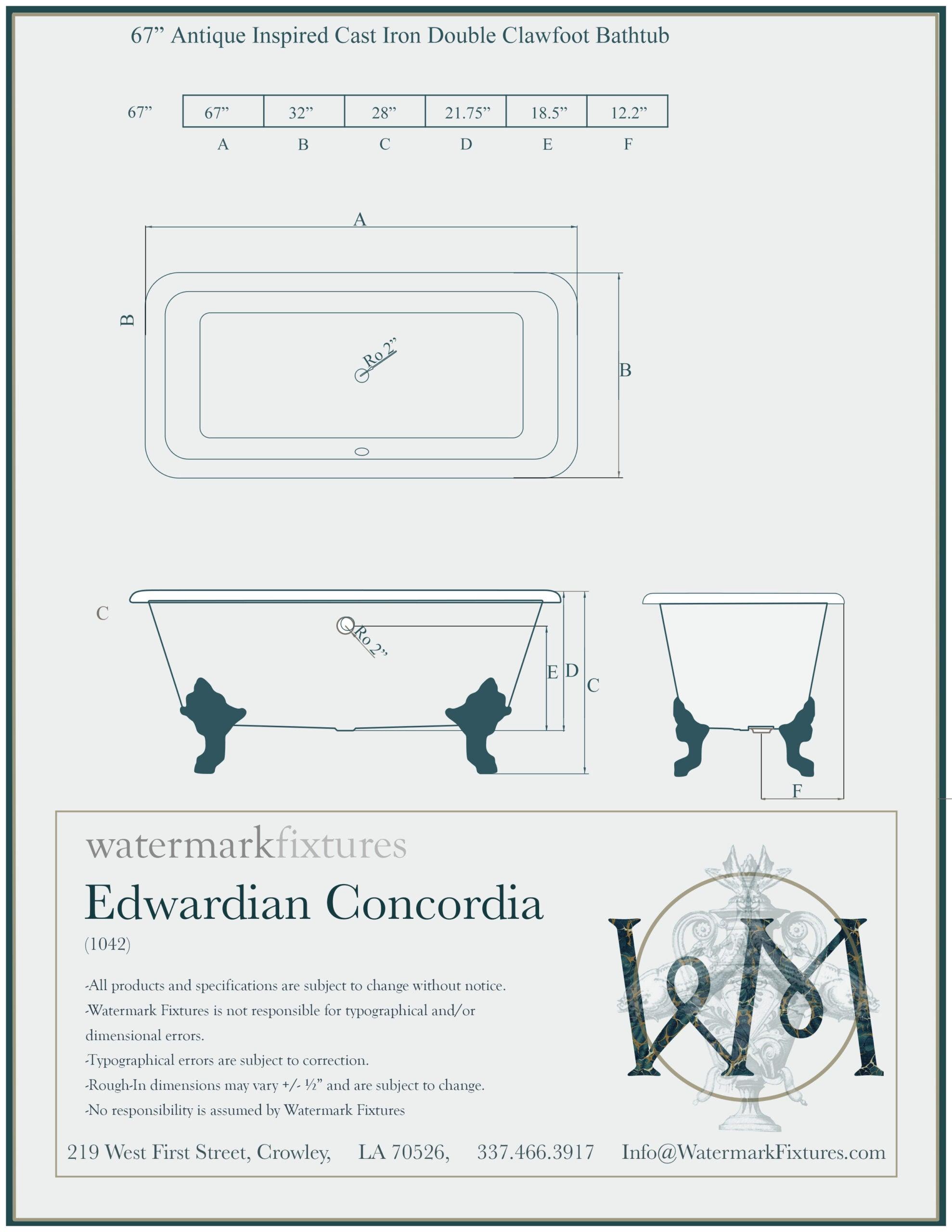 WatermarkFixtures Edwardian Style Flat Rimmed Concordia 67” Squared Double Cast Iron Porcelain Clawfoot Bathtub - Bathroom Design Center