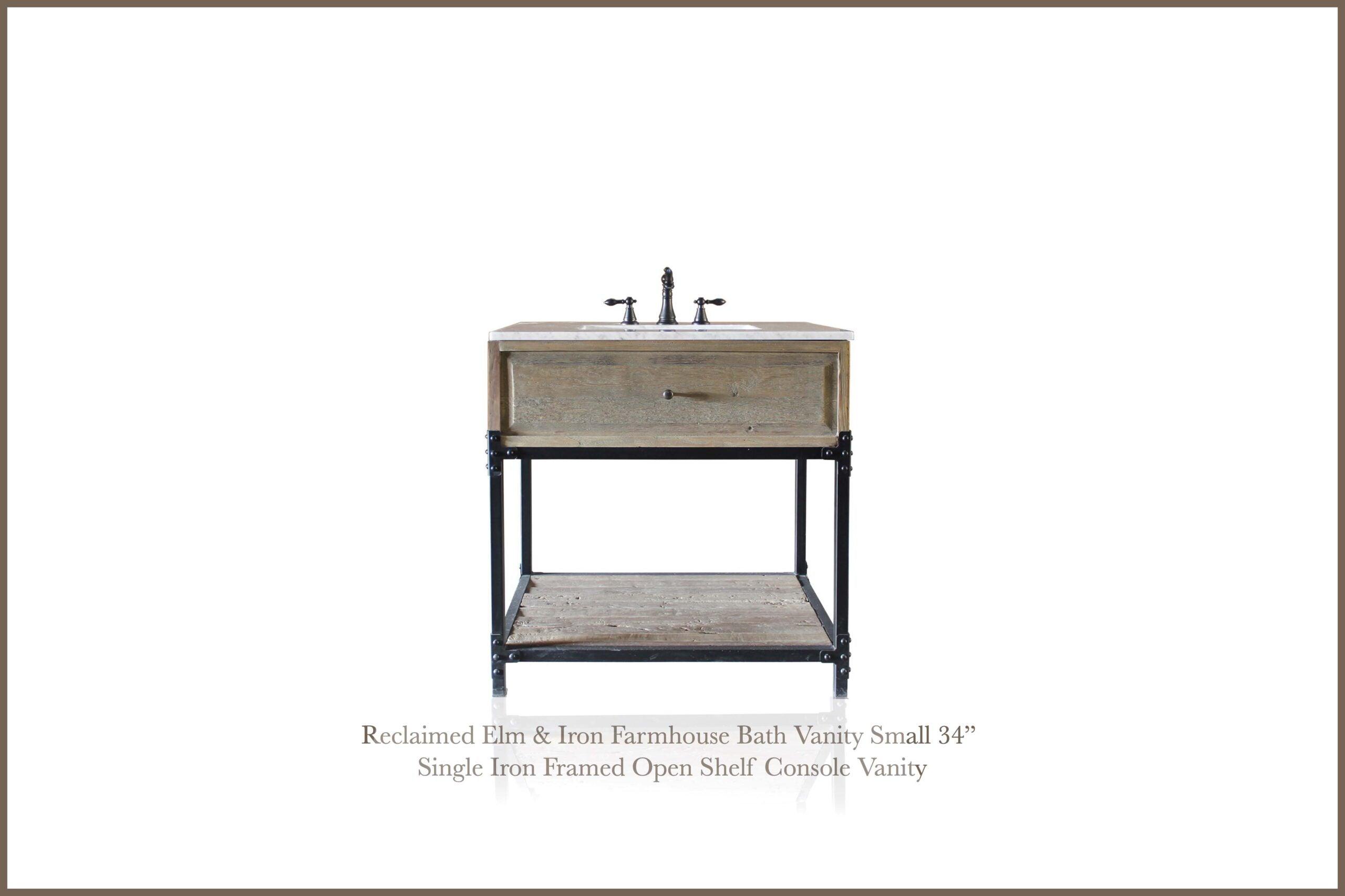 WatermarkFixtures Reclaimed Elm & Iron Farmhouse Bath Vanity Small 34” Single Iron Framed Open Shelf Console Vanity - Bathroom Design Center
