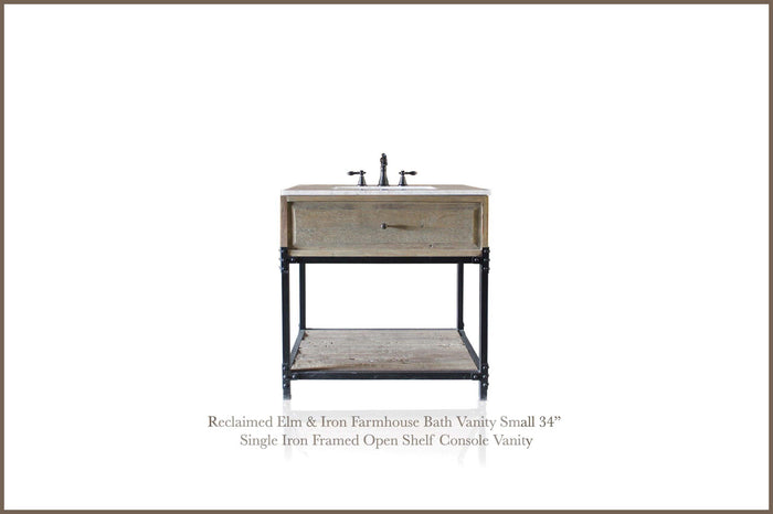 WatermarkFixtures Reclaimed Elm & Iron Farmhouse Bath Vanity Small 34” Single Iron Framed Open Shelf Console Vanity