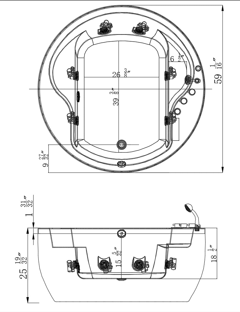 Empava 59 in. Japanese Style Round Whirlpool Acrylic Hydromassage Round Tub - Bathroom Design Center