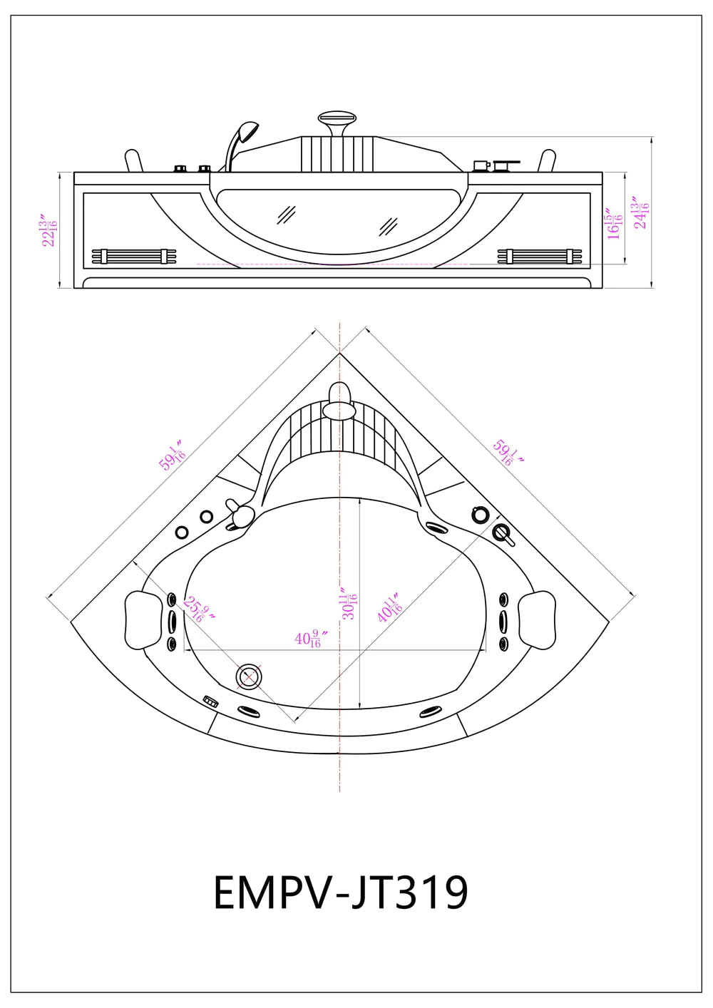 Empava 59 in. Whirlpool Corner Bathtub With Thermostat and Chromatherapy - Bathroom Design Center