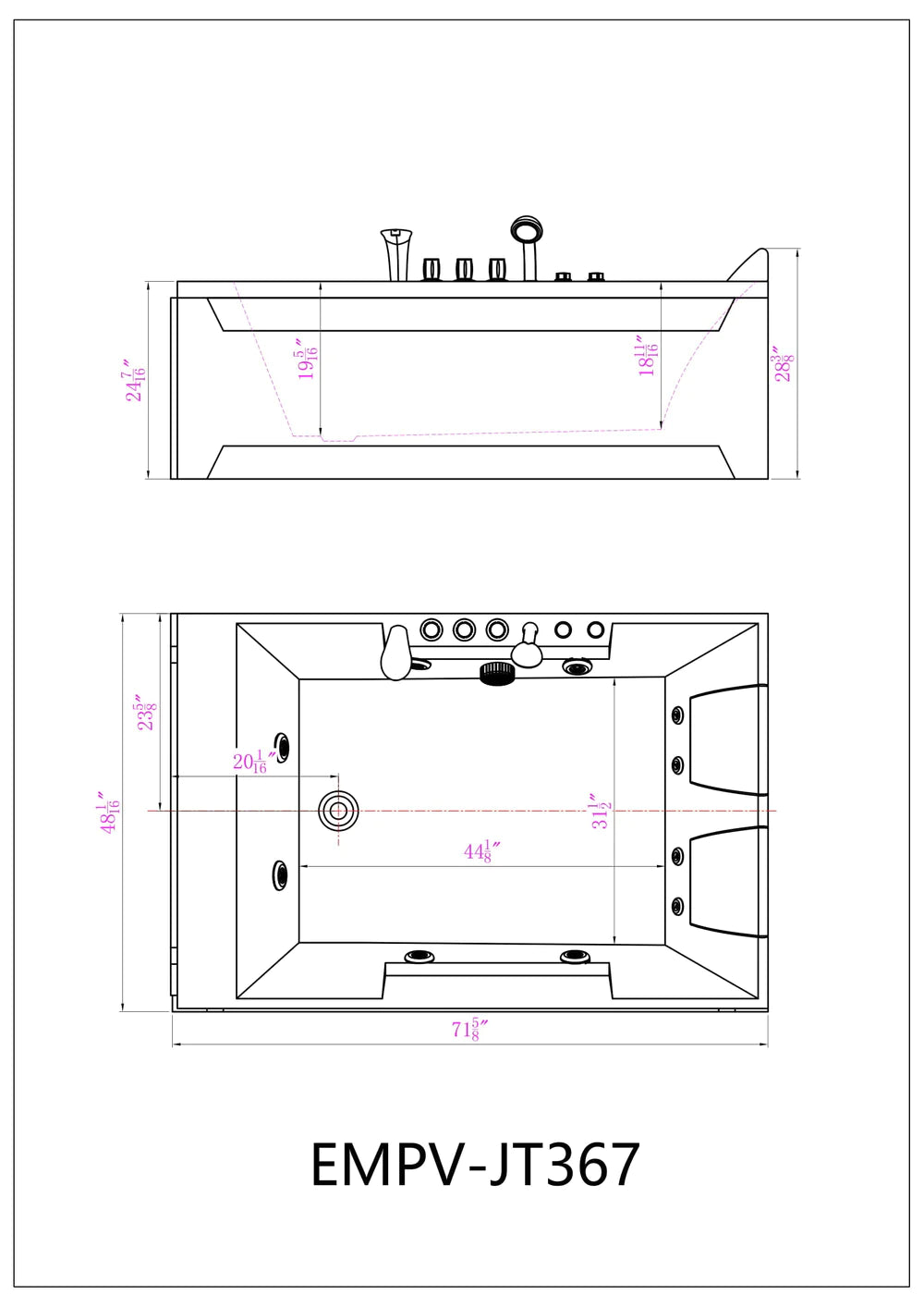 Empava 72 in. Whirlpool Luxury 2-Person Hydromassage Bathtub with Chromatherapy - Bathroom Design Center