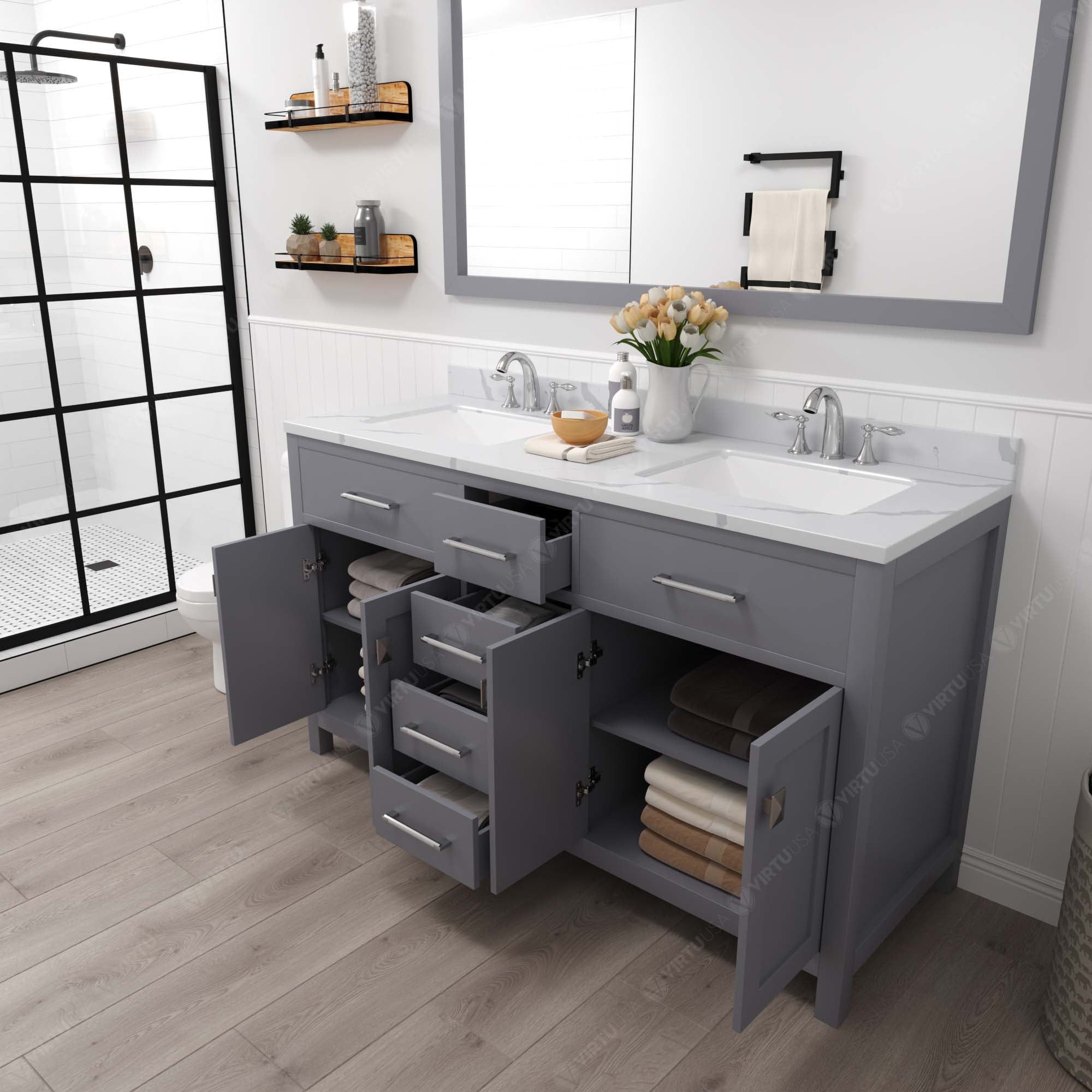 Virtu USA Caroline 60" Single/Double Bath Vanity in Gray (multiple options)