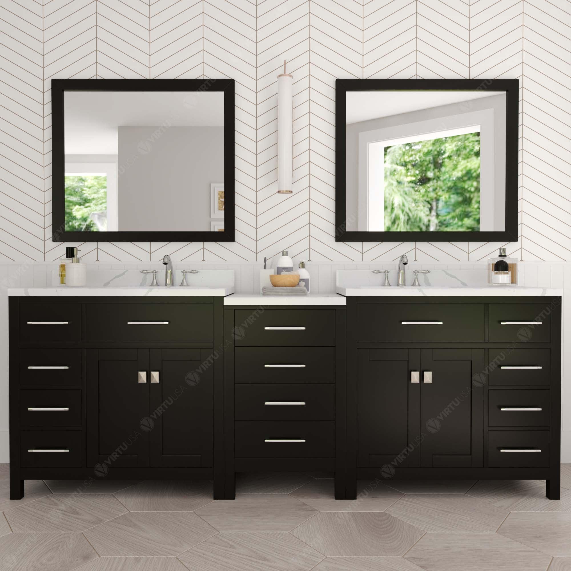 Caroline Parkway 93" Double Bath Vanity with Calacatta Quartz Top and Square Sinks with Brushed Nickel Faucets with Matching Mirror - Bathroom Design Center