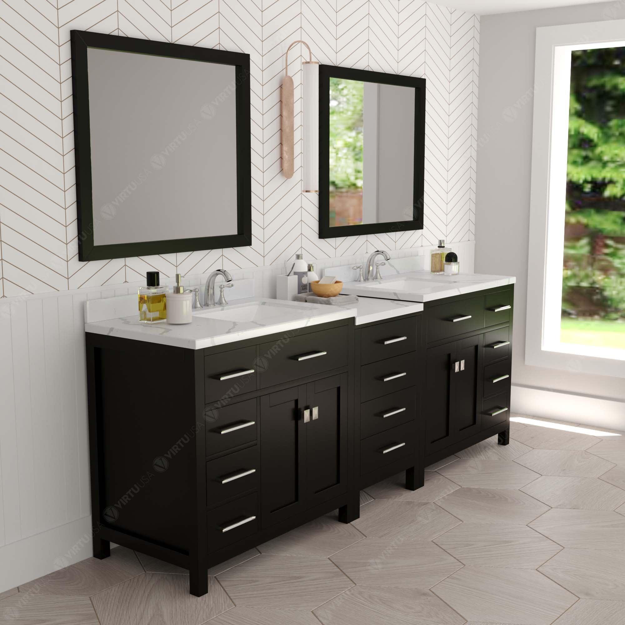 Caroline Parkway 93" Double Bath Vanity with Calacatta Quartz Top and Square Sinks with Brushed Nickel Faucets with Matching Mirror - Bathroom Design Center