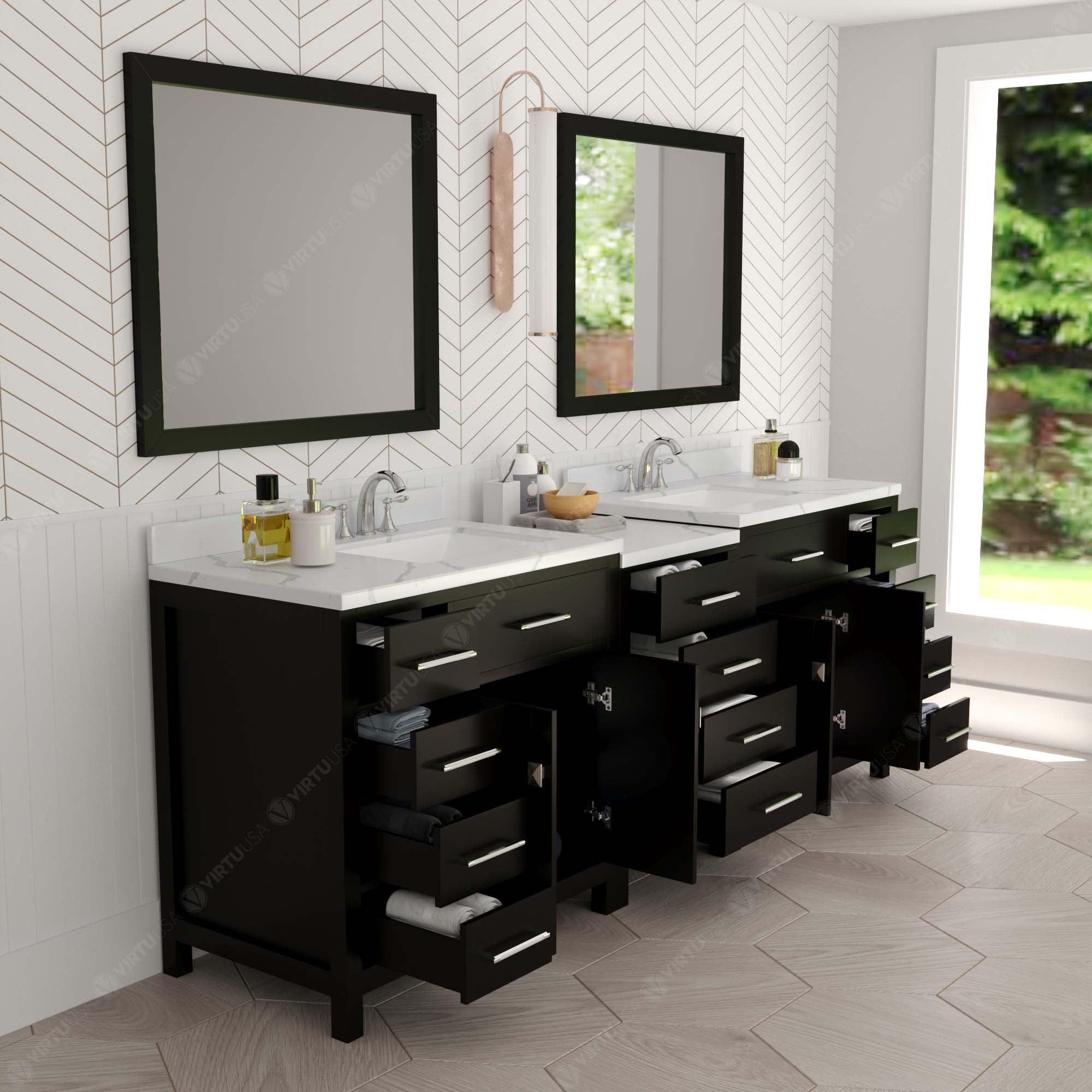 Caroline Parkway 93" Double Bath Vanity with Calacatta Quartz Top and Square Sinks with Brushed Nickel Faucets with Matching Mirror - Bathroom Design Center