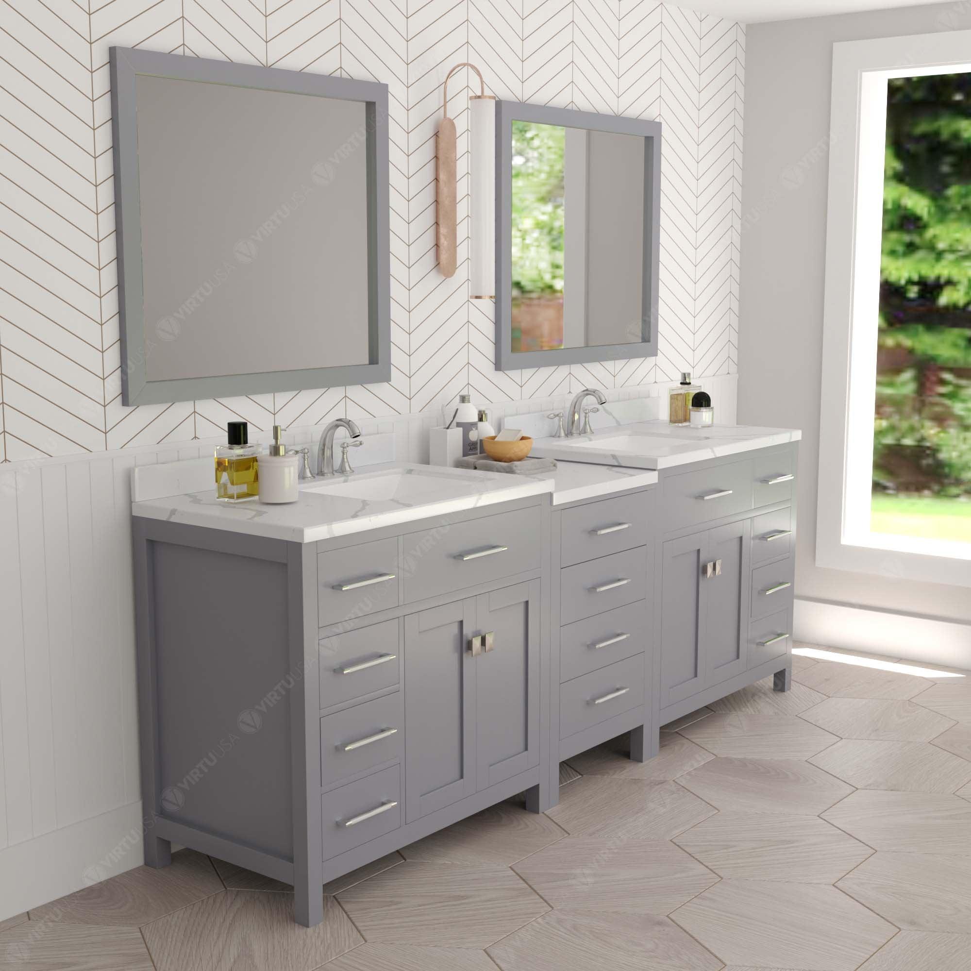 Caroline Parkway 93" Double Bath Vanity with Calacatta Quartz Top and Square Sinks with Brushed Nickel Faucets with Matching Mirror - Bathroom Design Center