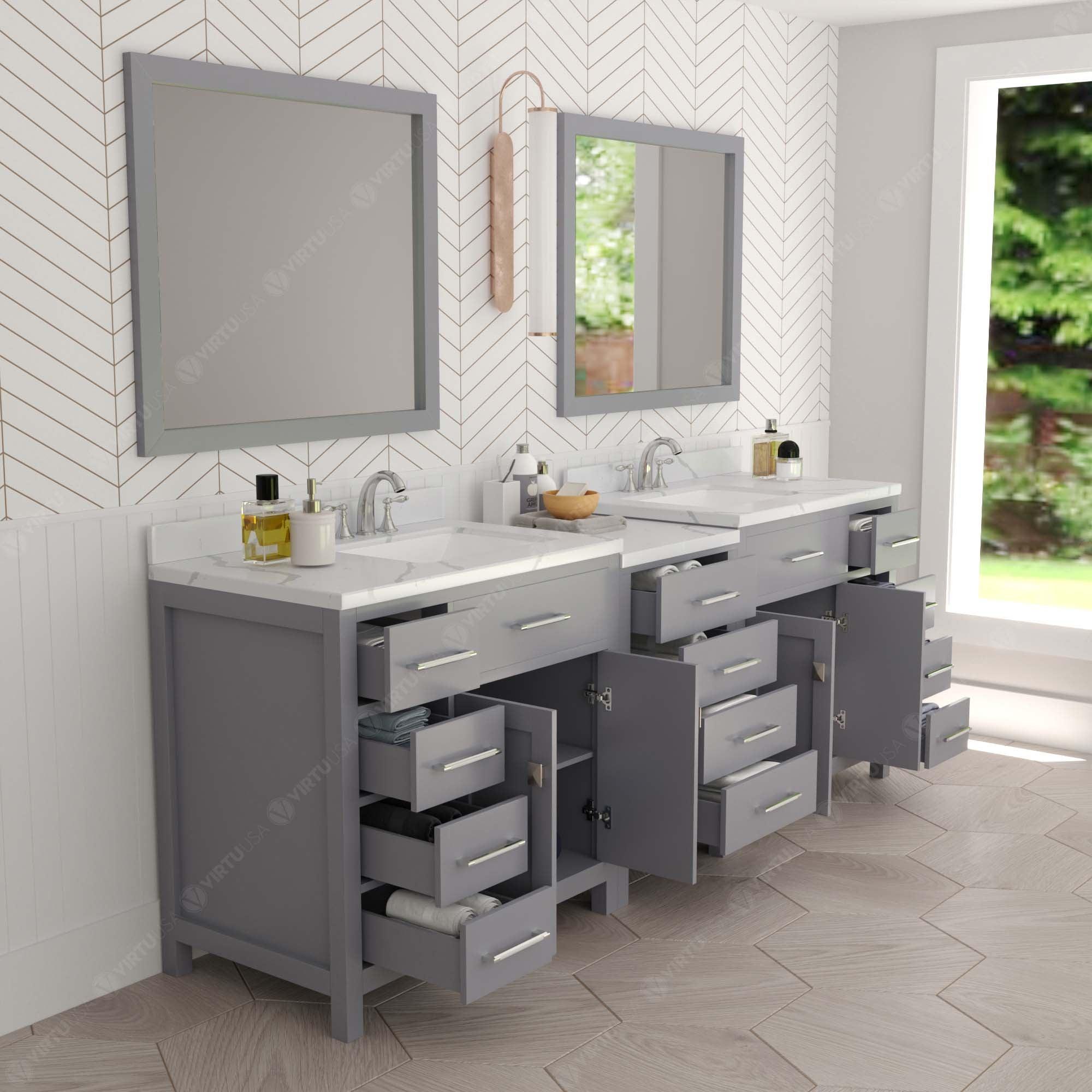 Caroline Parkway 93" Double Bath Vanity with Calacatta Quartz Top and Square Sinks with Brushed Nickel Faucets with Matching Mirror - Bathroom Design Center